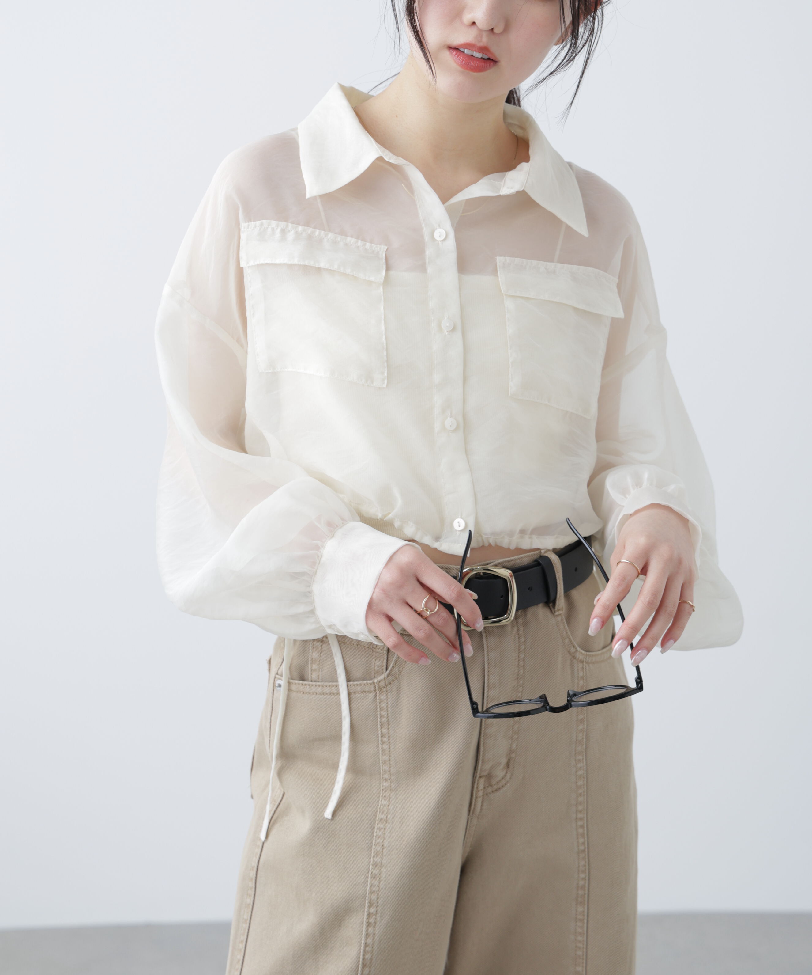  「裾ドロストショート丈シアーシャツ」|シャツ・ブラウス|