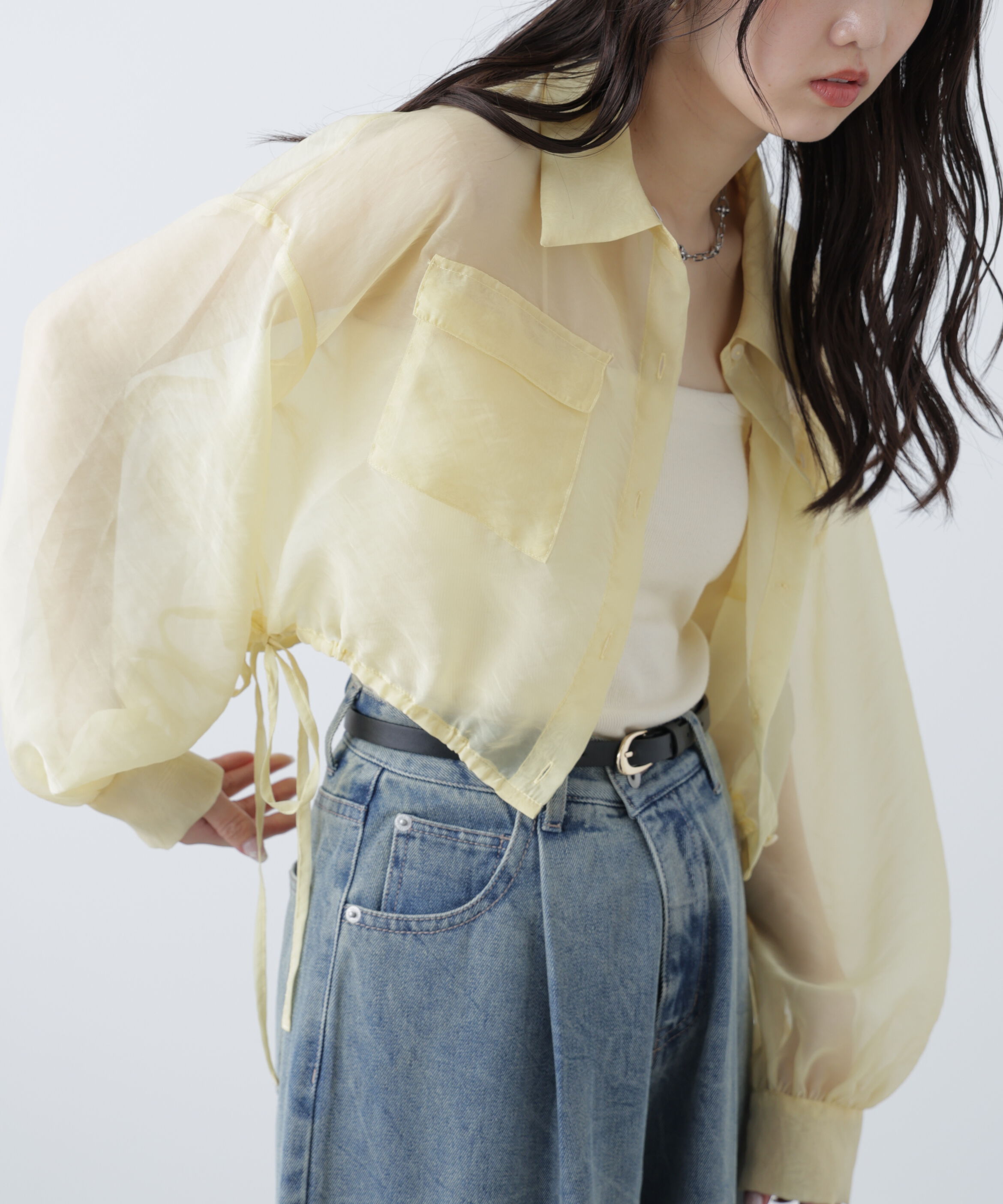  「裾ドロストショート丈シアーシャツ」|シャツ・ブラウス|イエロー