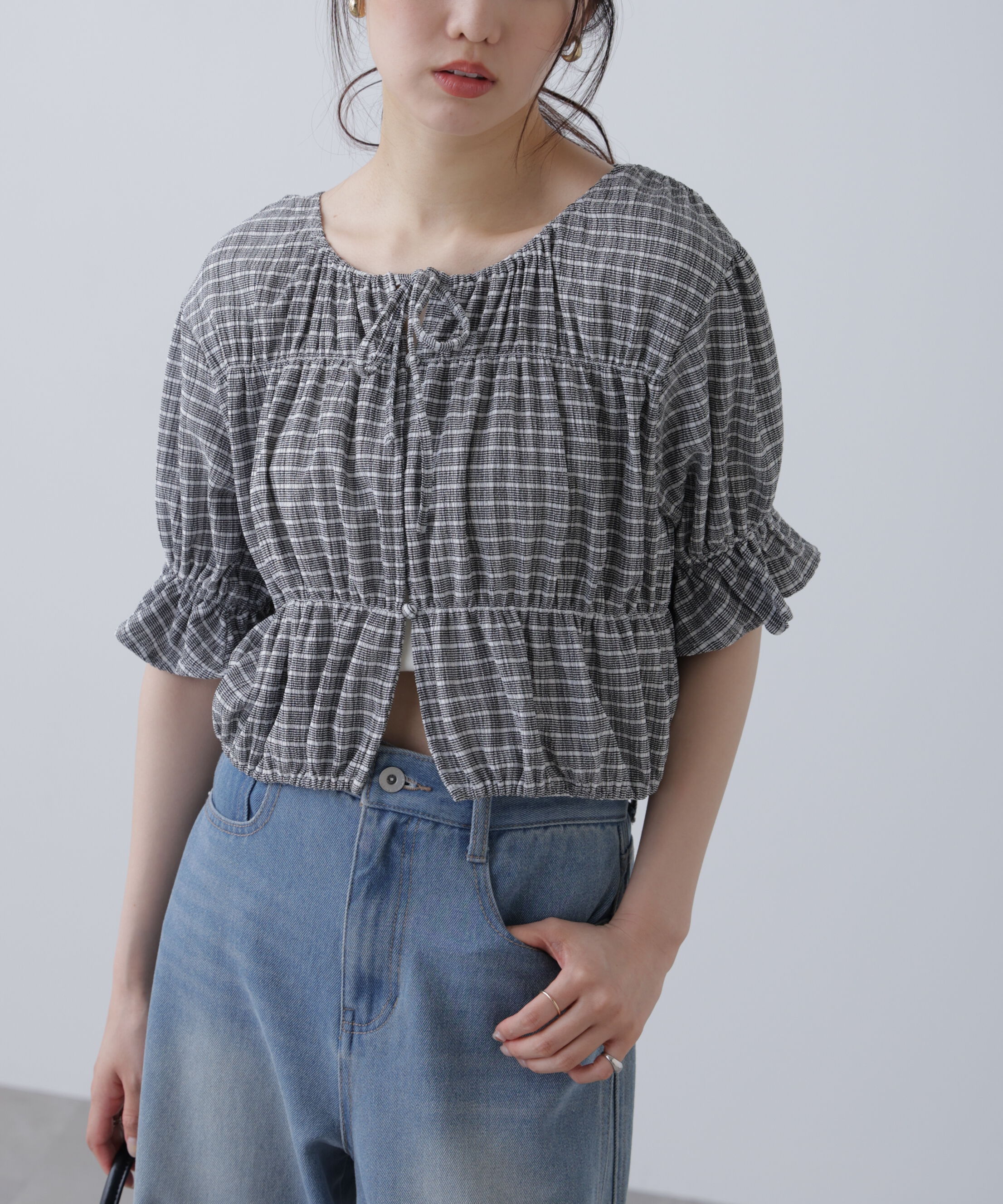  「シアーギャザー前開き短丈半袖ブラウス」|シャツ・ブラウス|