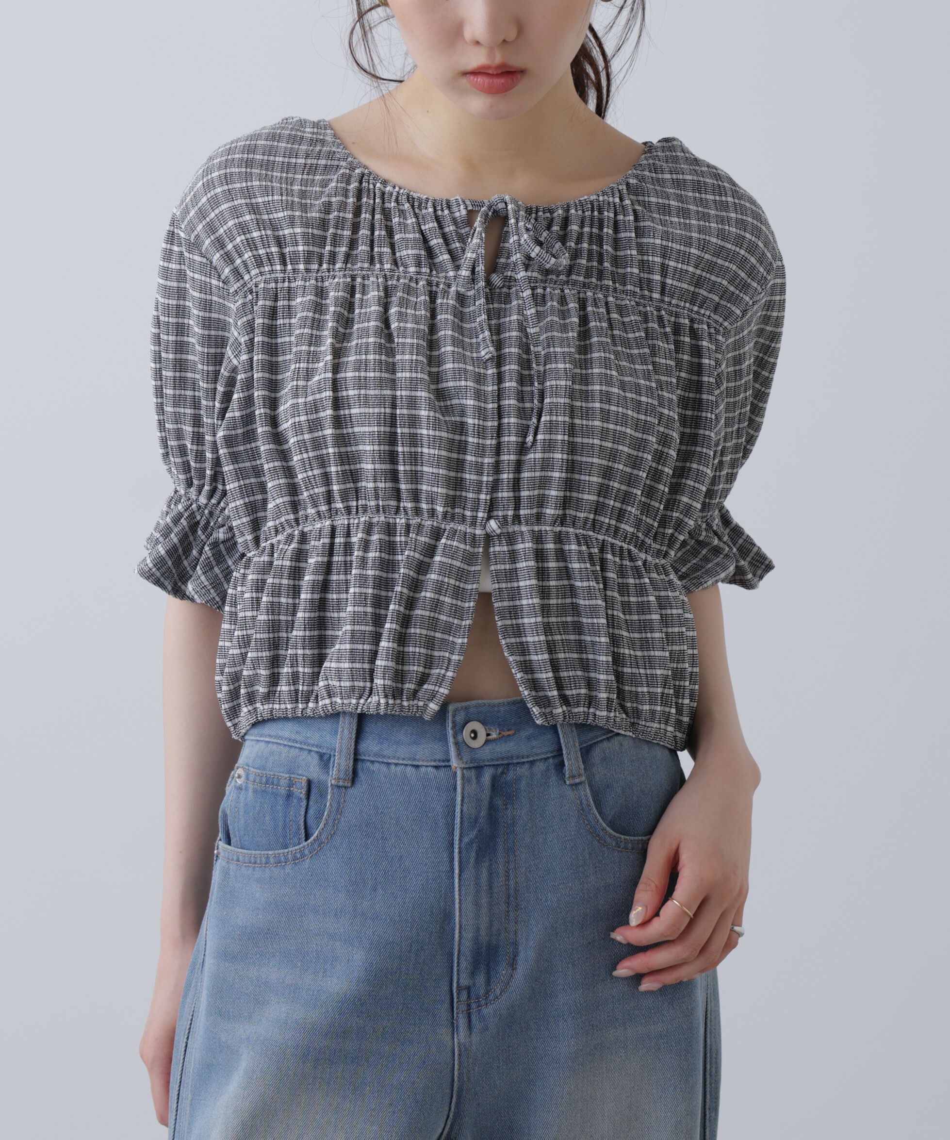  「シアーギャザー前開き短丈半袖ブラウス」|シャツ・ブラウス|