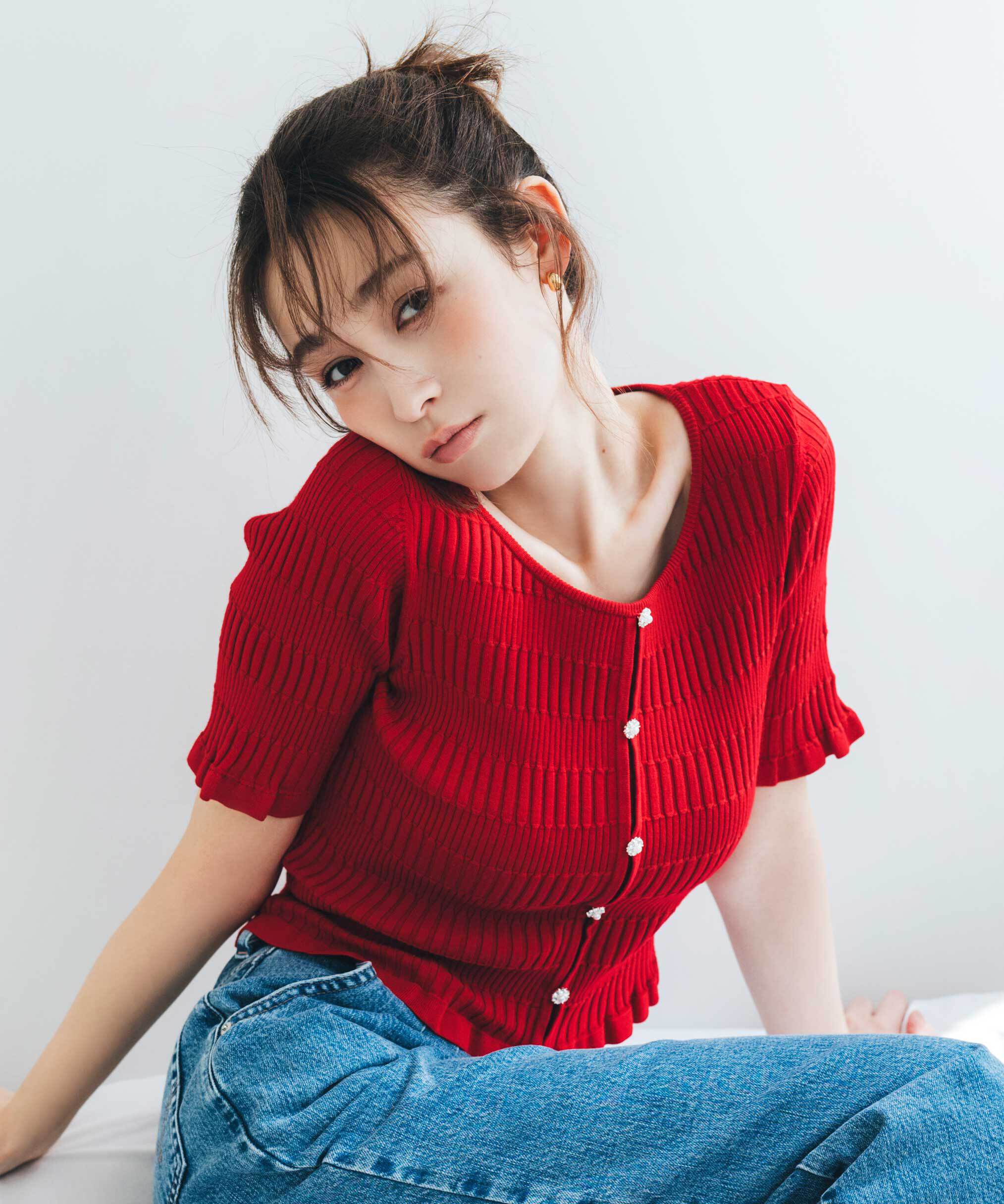  「前後2way変形リブニット」|ニット・セーター|レッド