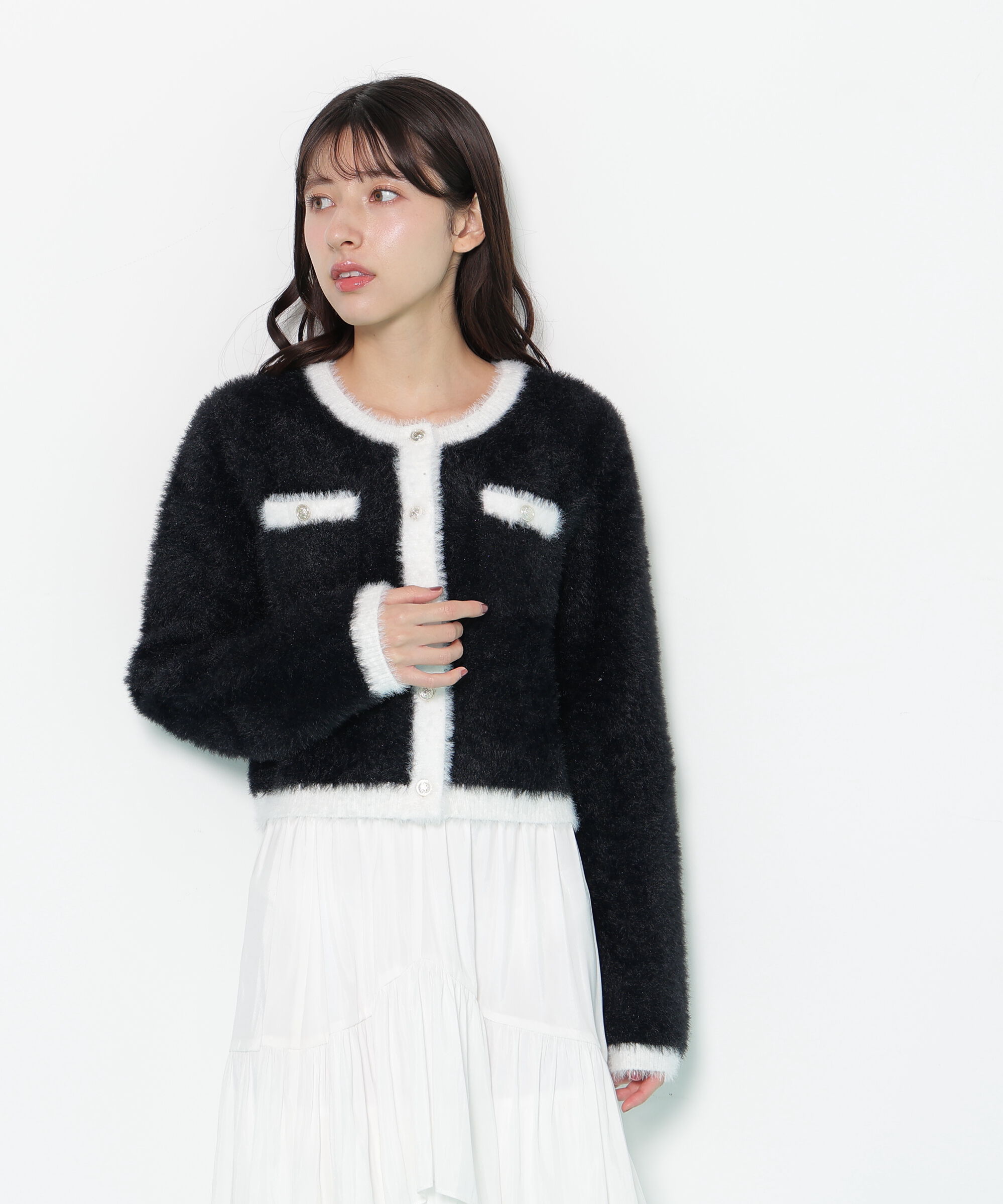  「スパンコールフェザーニットジャケット」|ニット・セーター|