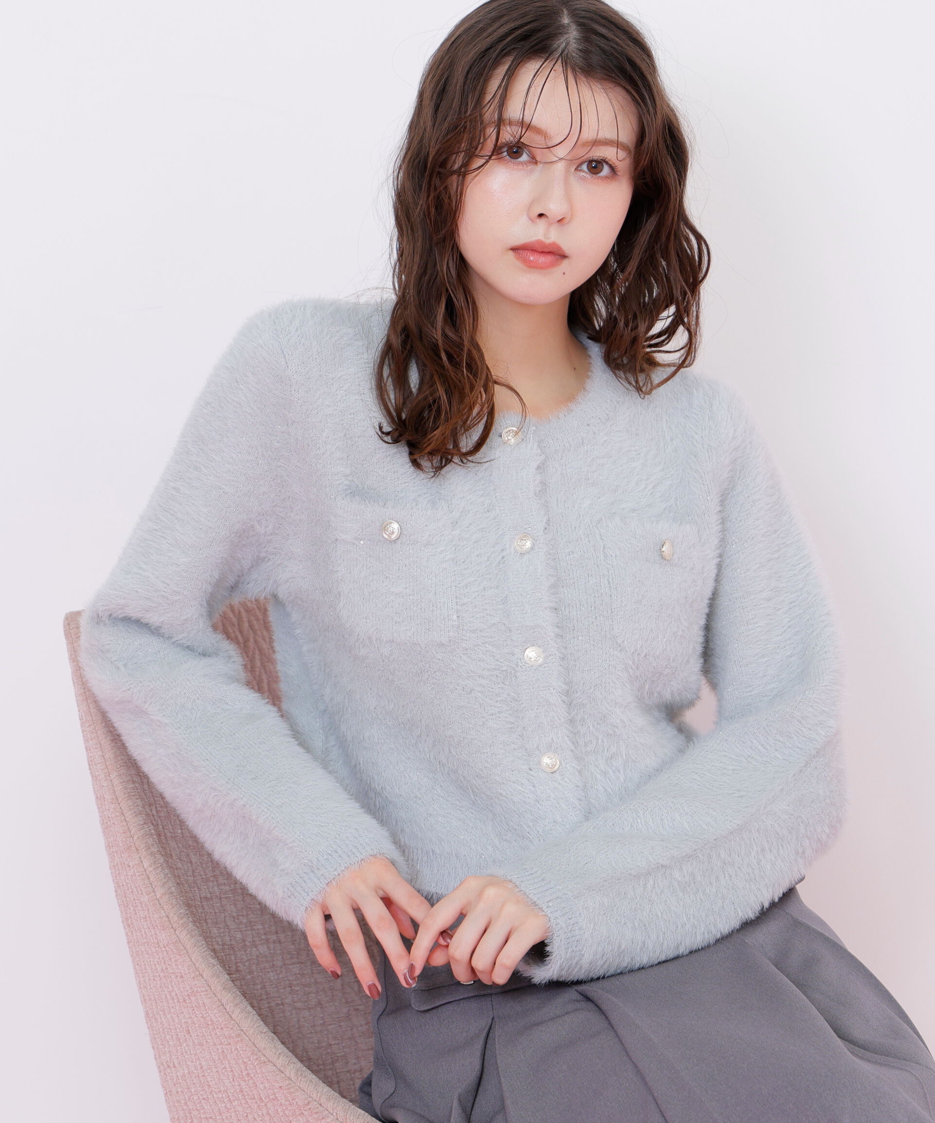  「スパンコールフェザーニットジャケット」|ニット・セーター|グレー