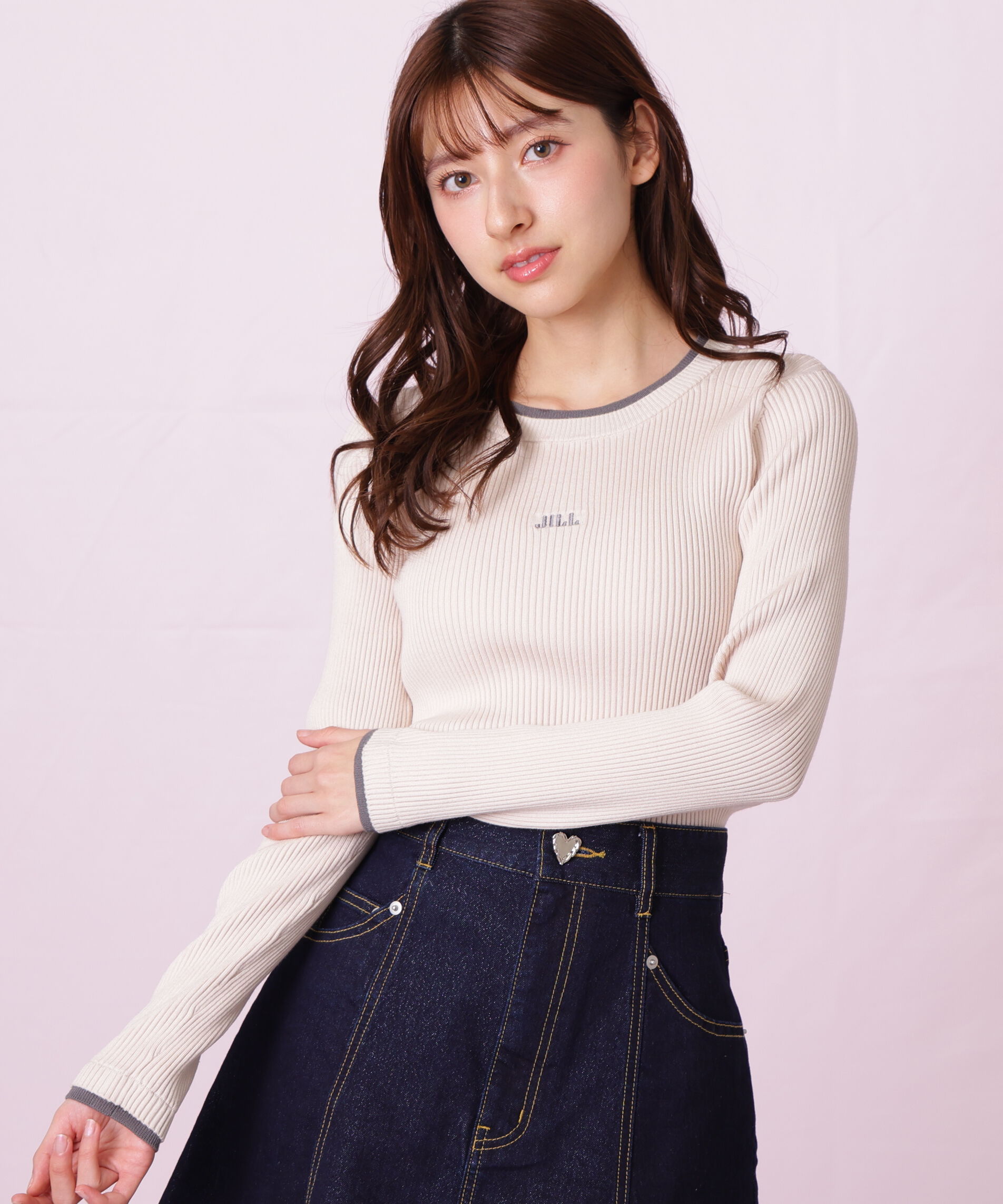  「配色リブニット」|ニット・セーター|ピンク