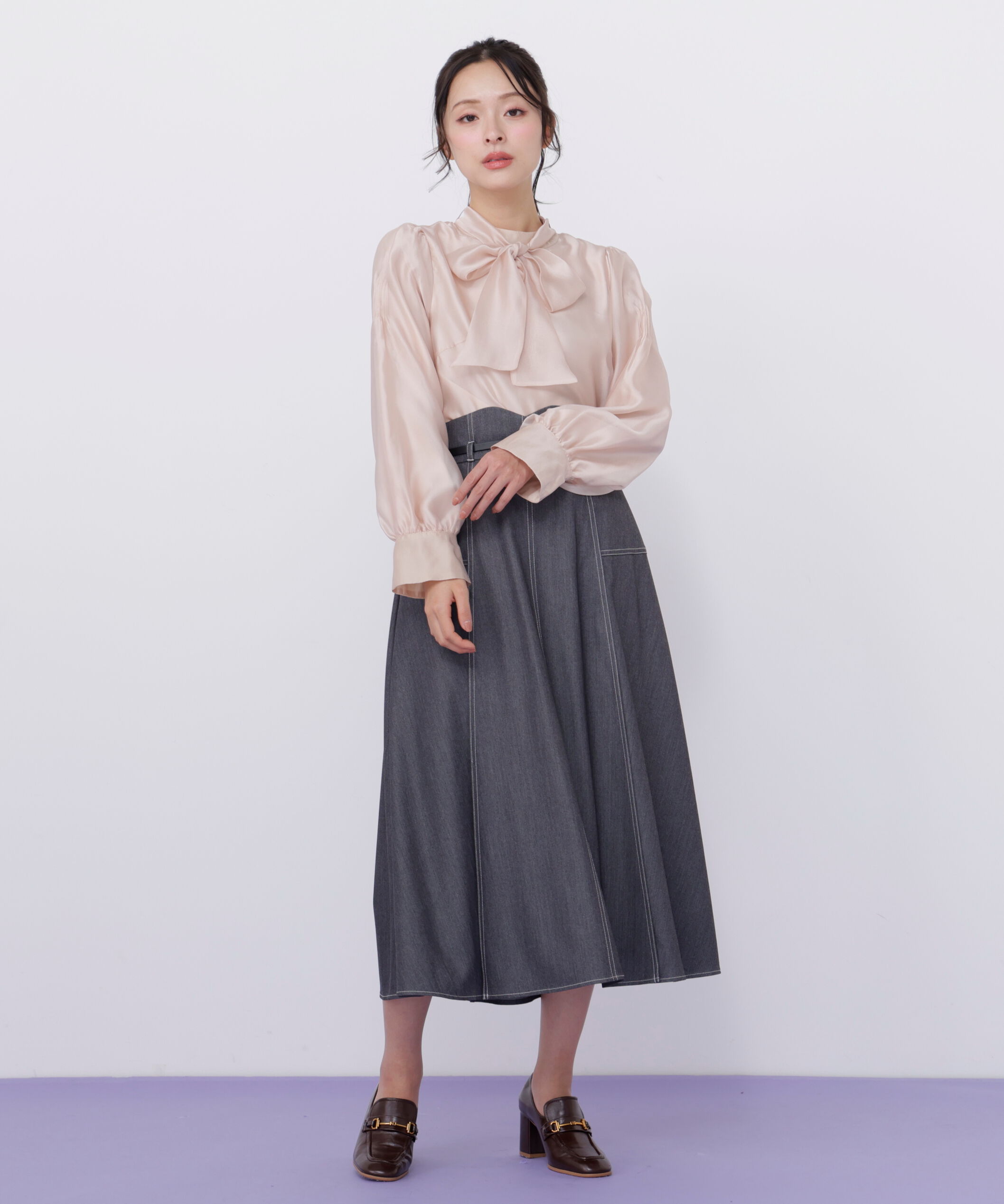  「ベルト付き配色ステッチフレアスカート」|スカート|