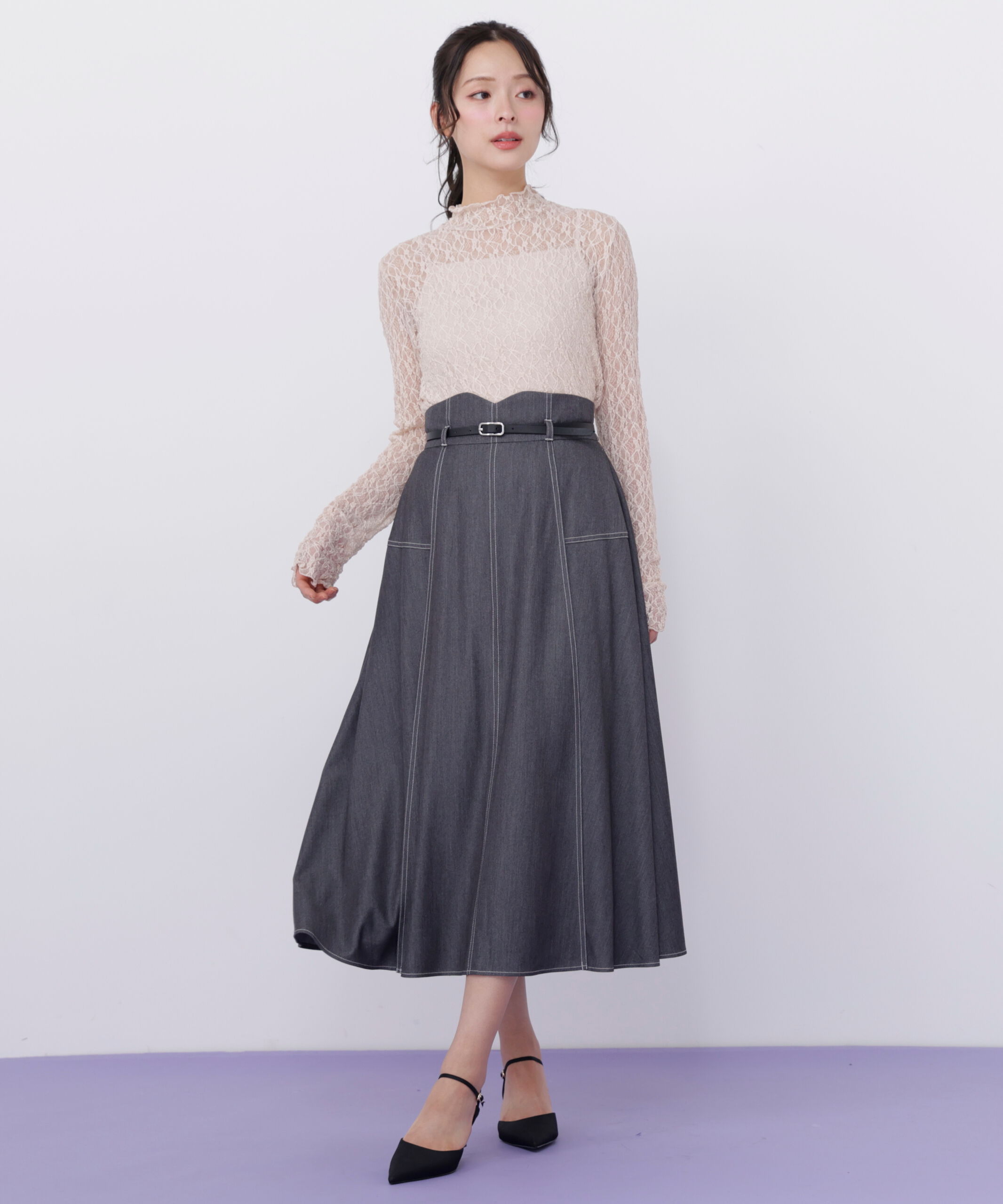  「ベルト付き配色ステッチフレアスカート」|スカート|