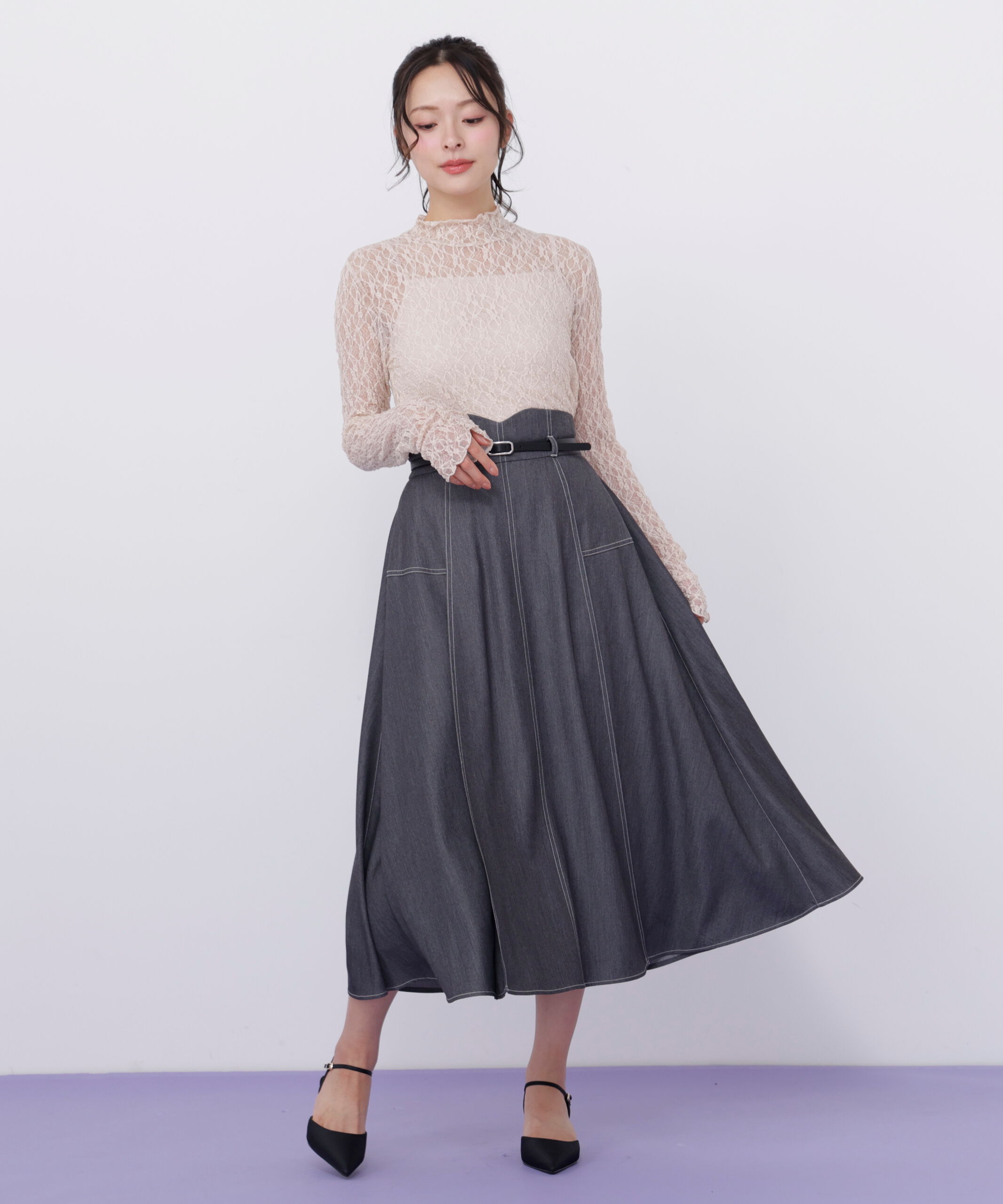 「ベルト付き配色ステッチフレアスカート」|スカート|