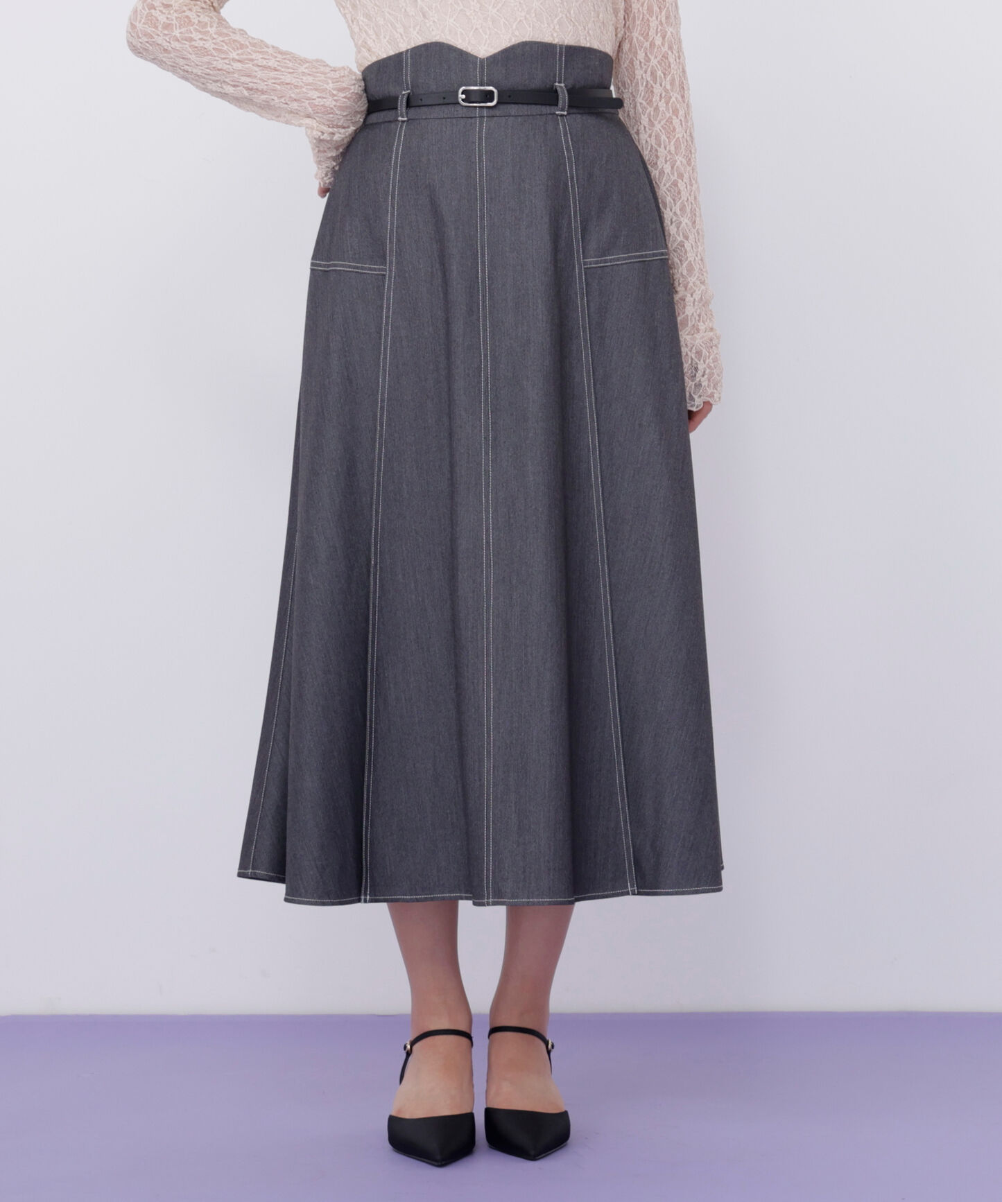  「ベルト付き配色ステッチフレアスカート」|スカート|