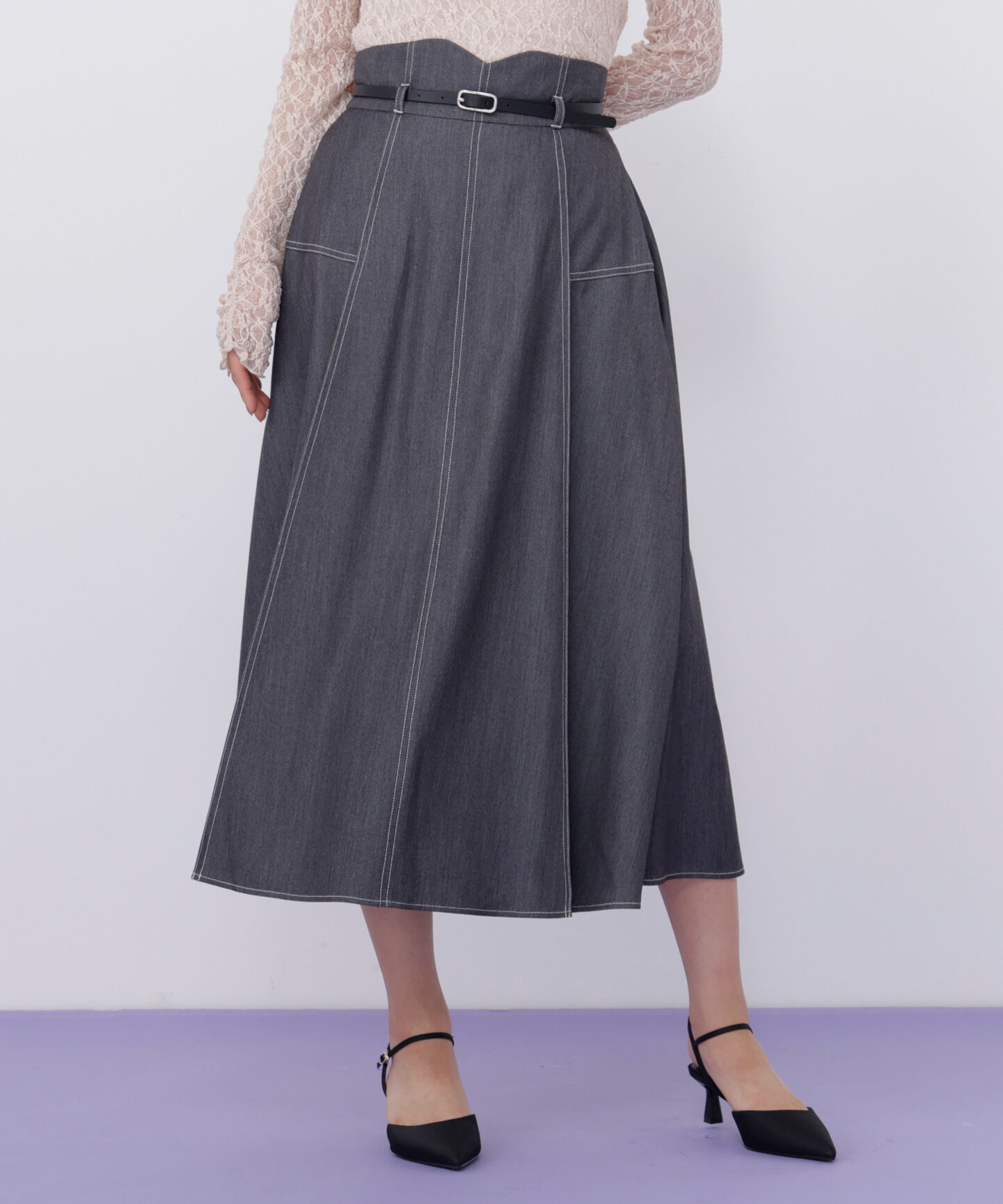  「ベルト付き配色ステッチフレアスカート」|スカート|