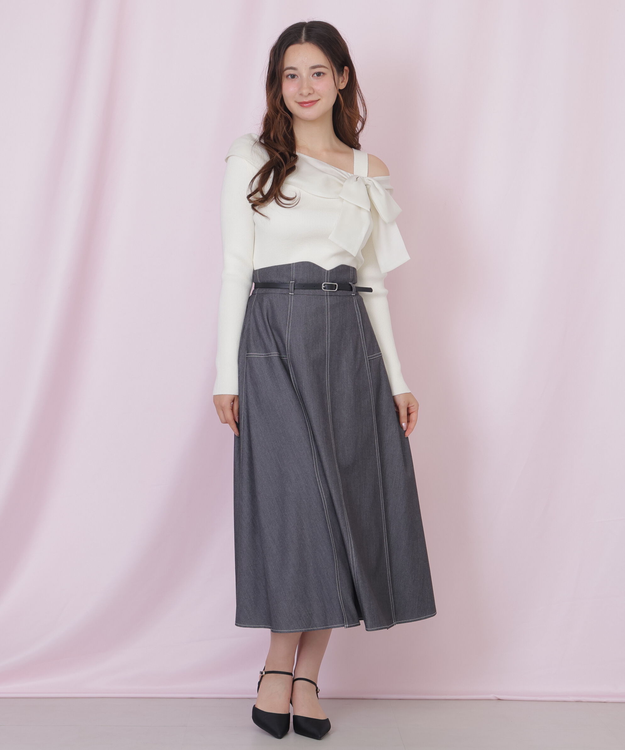  「ベルト付き配色ステッチフレアスカート」|スカート|