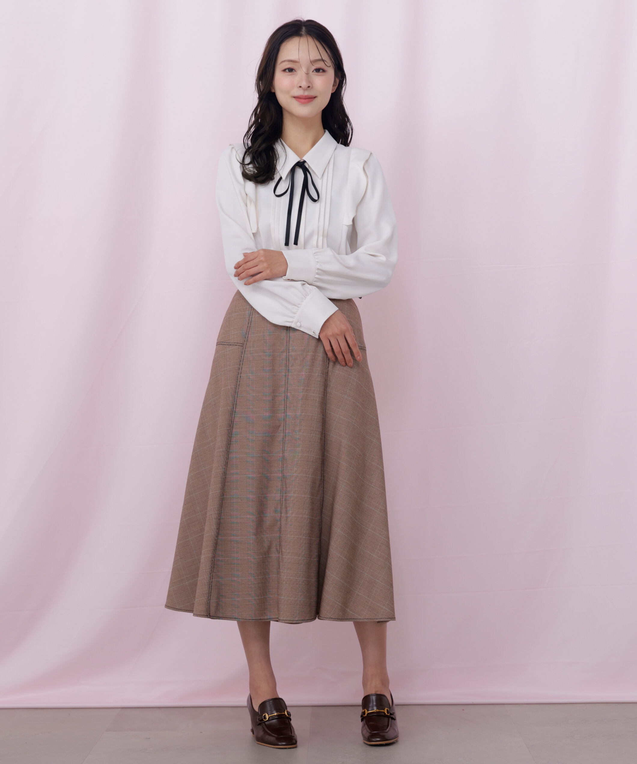  「ベルト付き配色ステッチフレアスカート」|スカート|ブラウンチェ 1