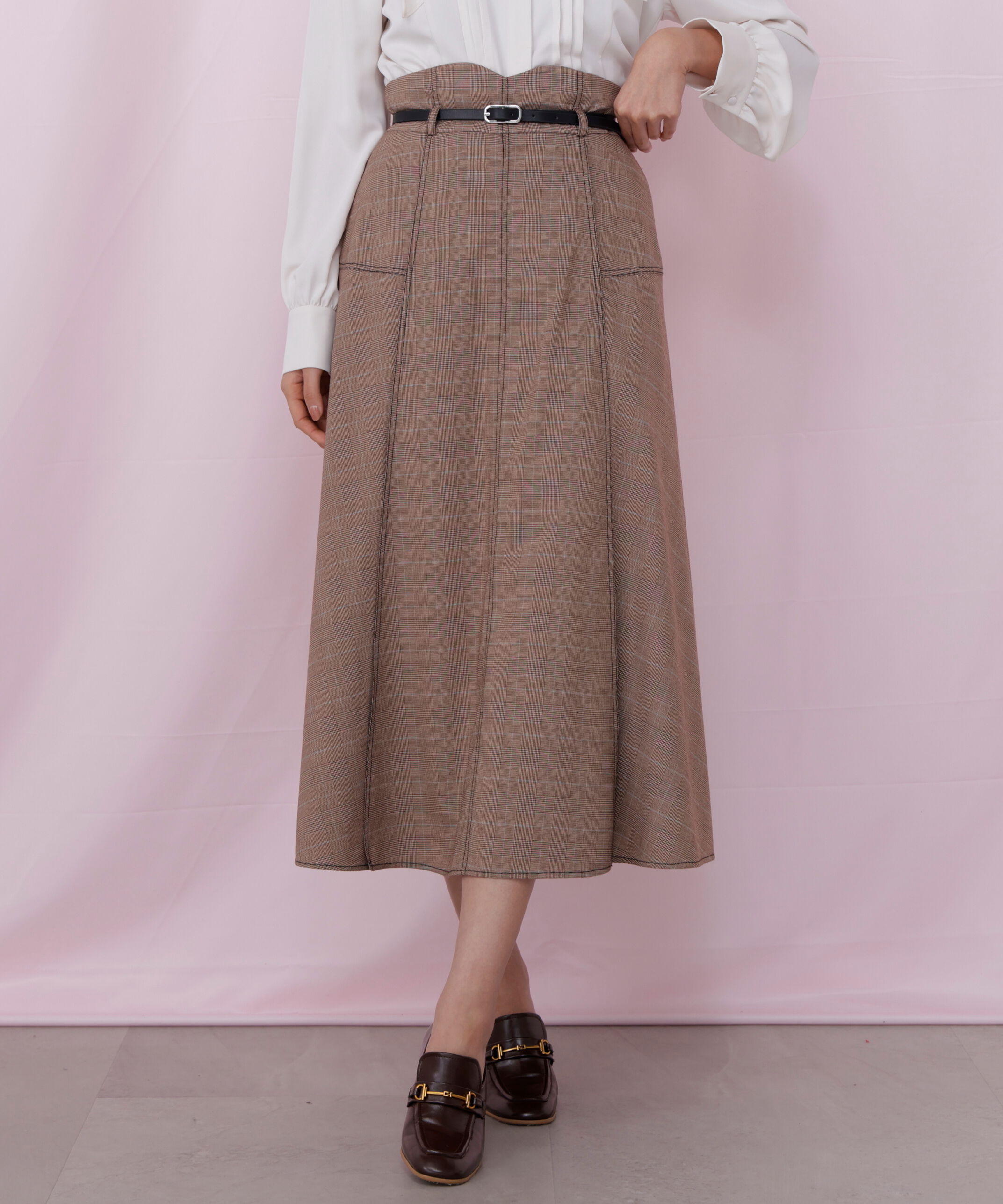  「ベルト付き配色ステッチフレアスカート」|スカート|