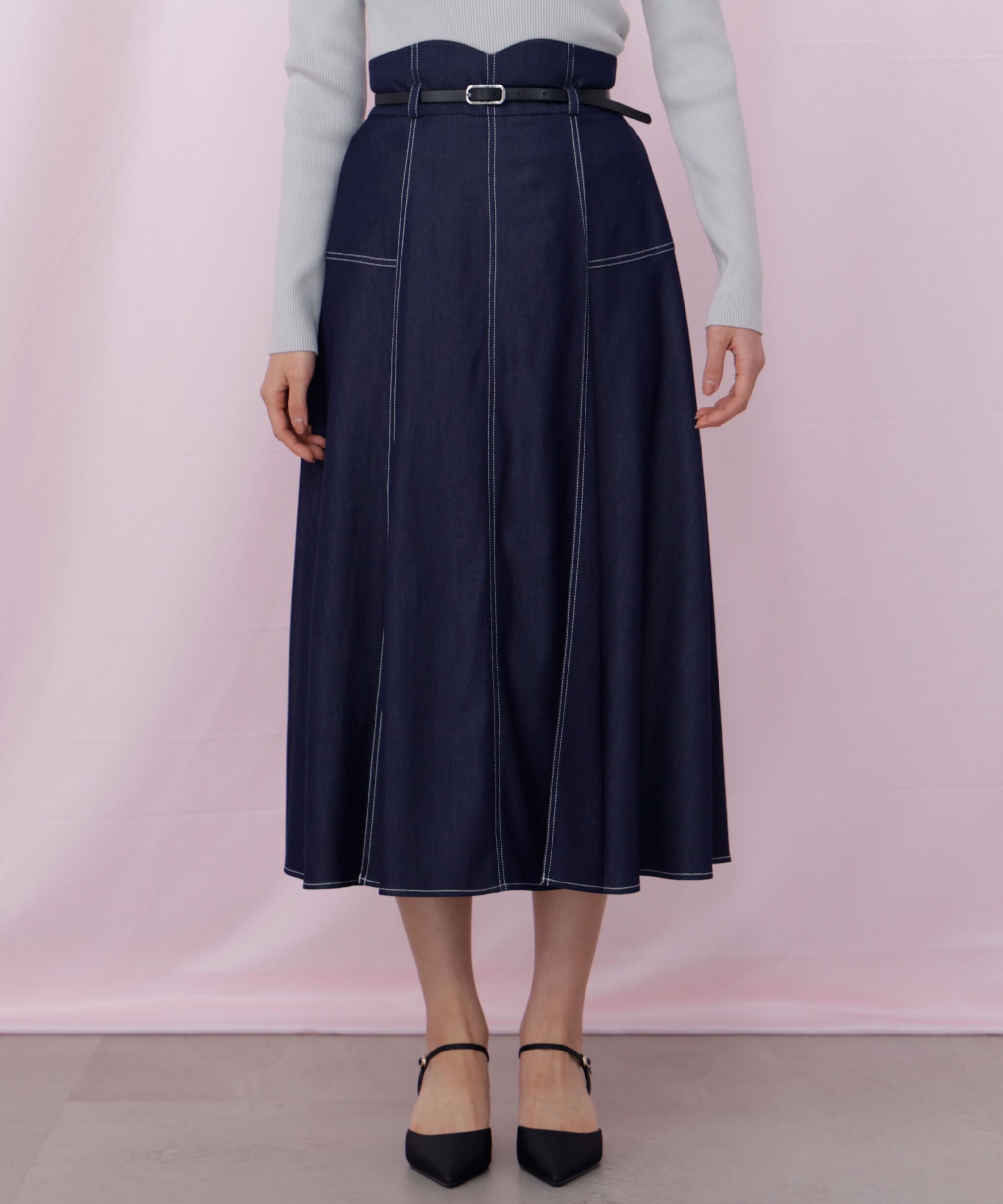  「ベルト付き配色ステッチフレアスカート」|スカート|
