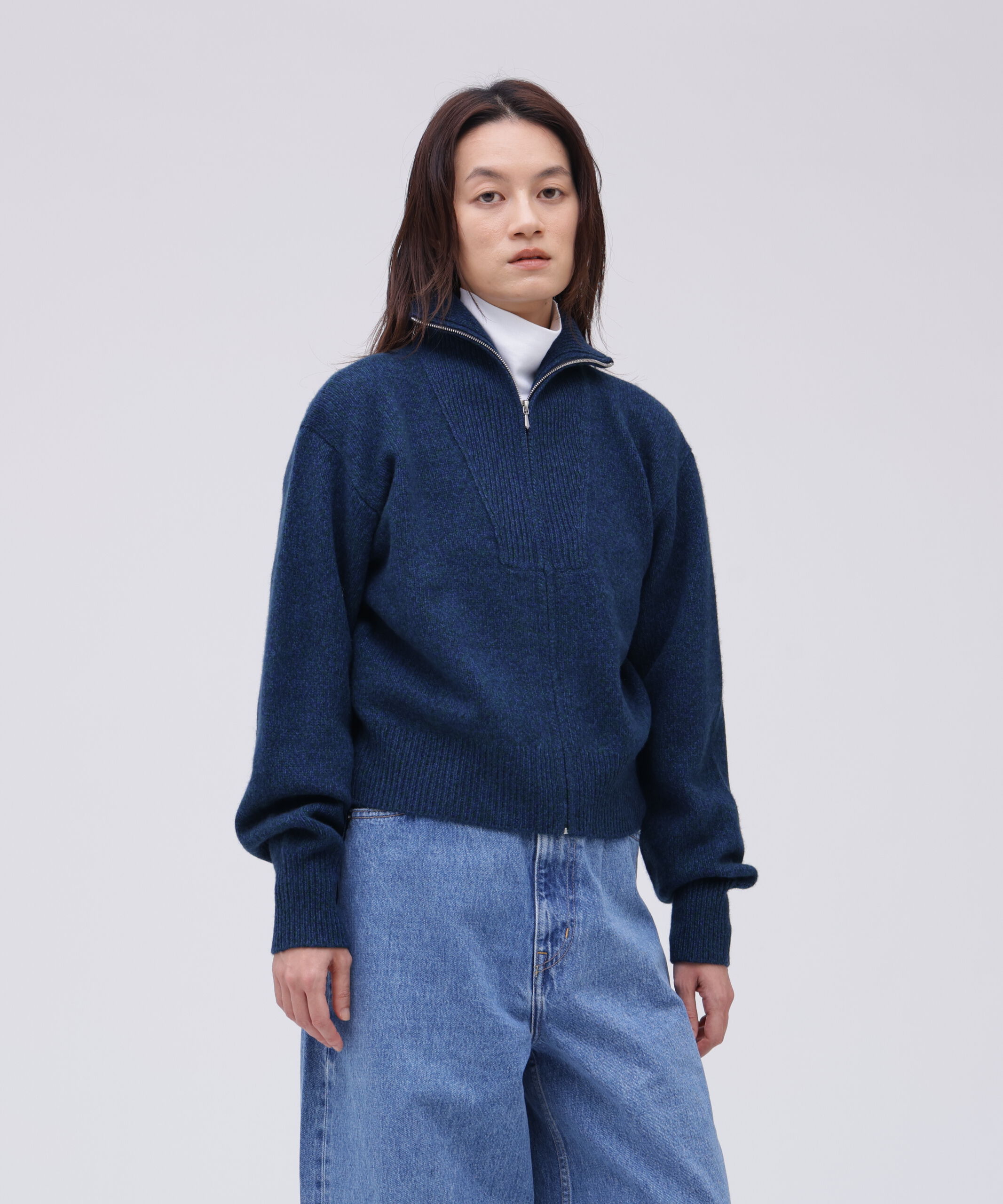 YLEVE 「YLEVE / WOOL CASHMERE MELANGE KNIT FULL ZIP PULL OVER」|ニット・セーター|ブルー