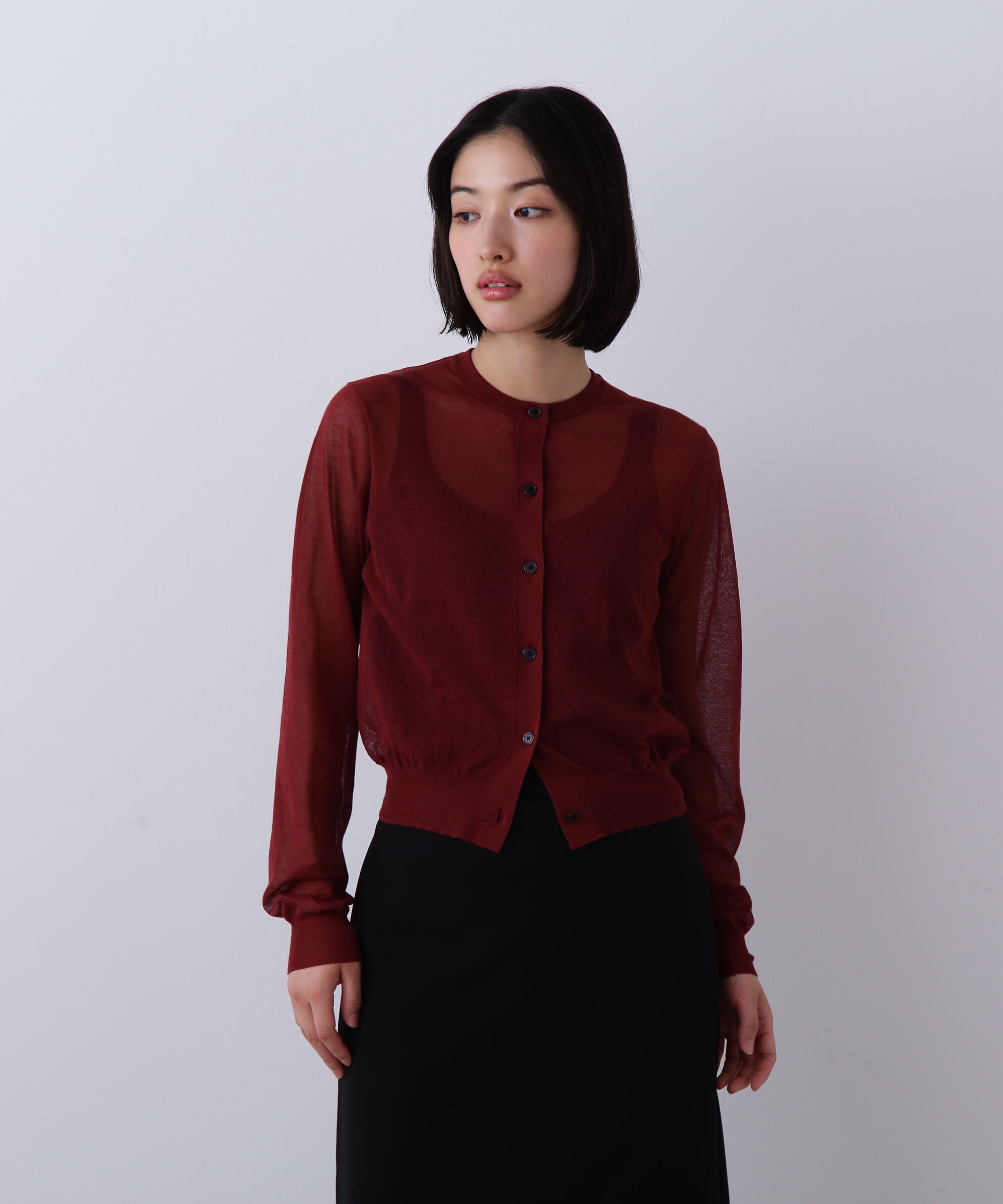 YLEVE 「YLEVE / SHEER RIB KNIT CARDIGAN」|ニット・セーター|レッド