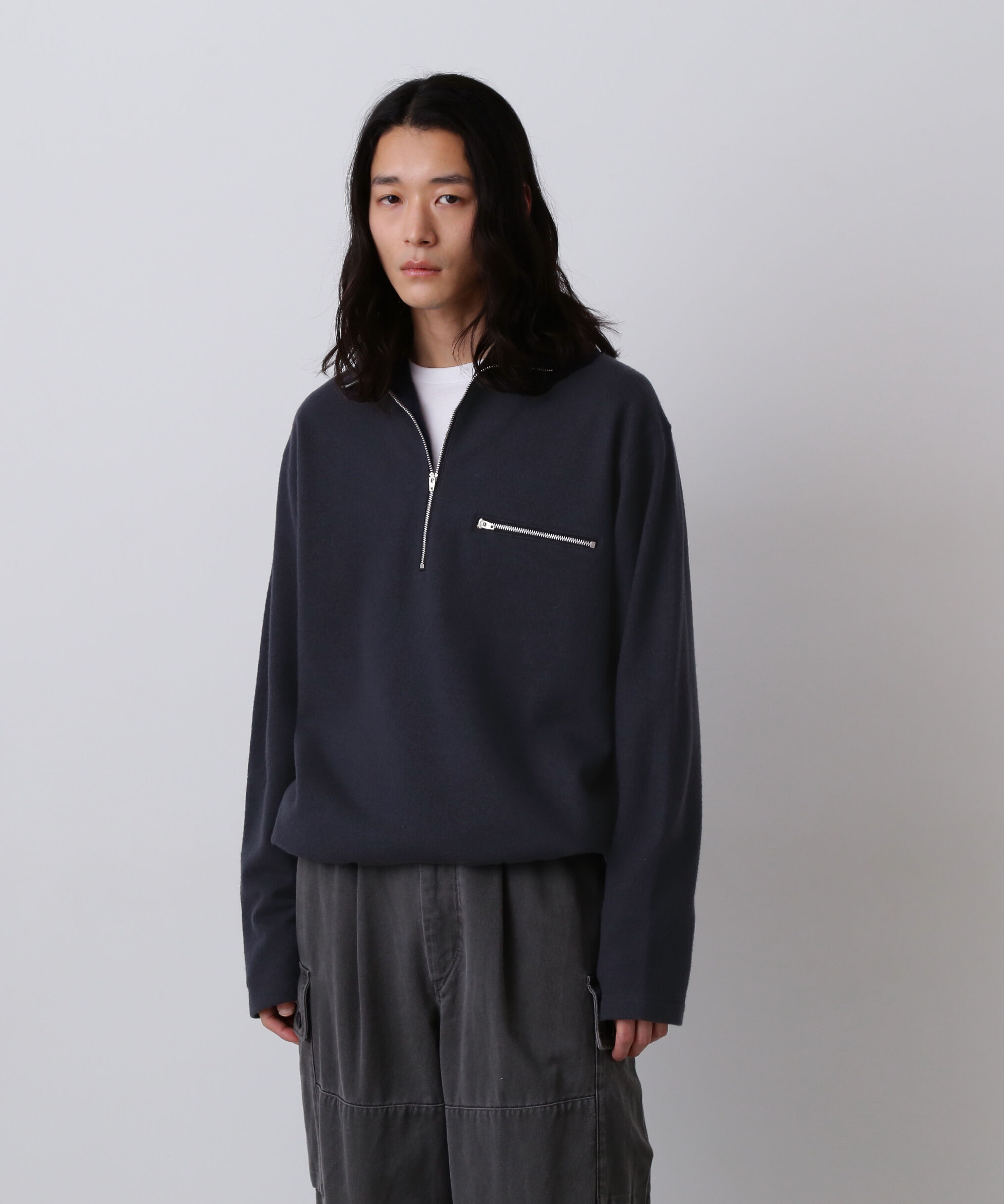 YLEVE 「YLEVE / ULTRAFINE MERINO MILLED WOOL KNIT HALF ZIP PULL OVER」|ニット・セーター|ネイビー