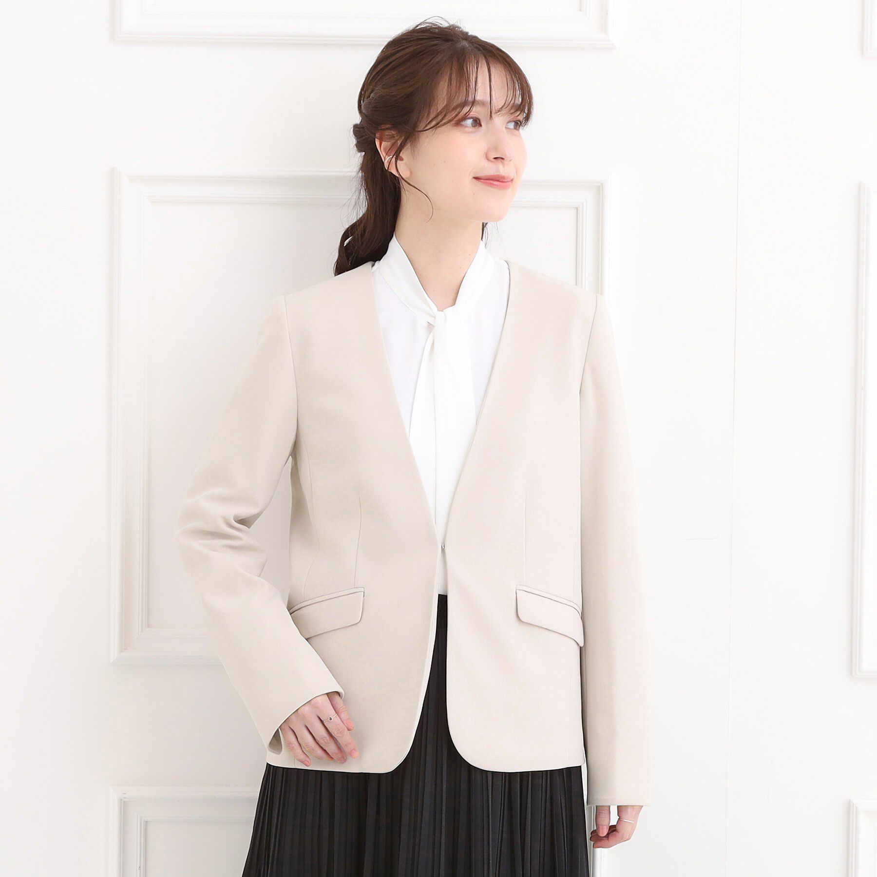 SHOO･LA･RUE「【洗濯機可/セットアップ可/S-3L】きちんと楽に。カットジョーゼットノーカラージャケット」|ノーカラージャケット|