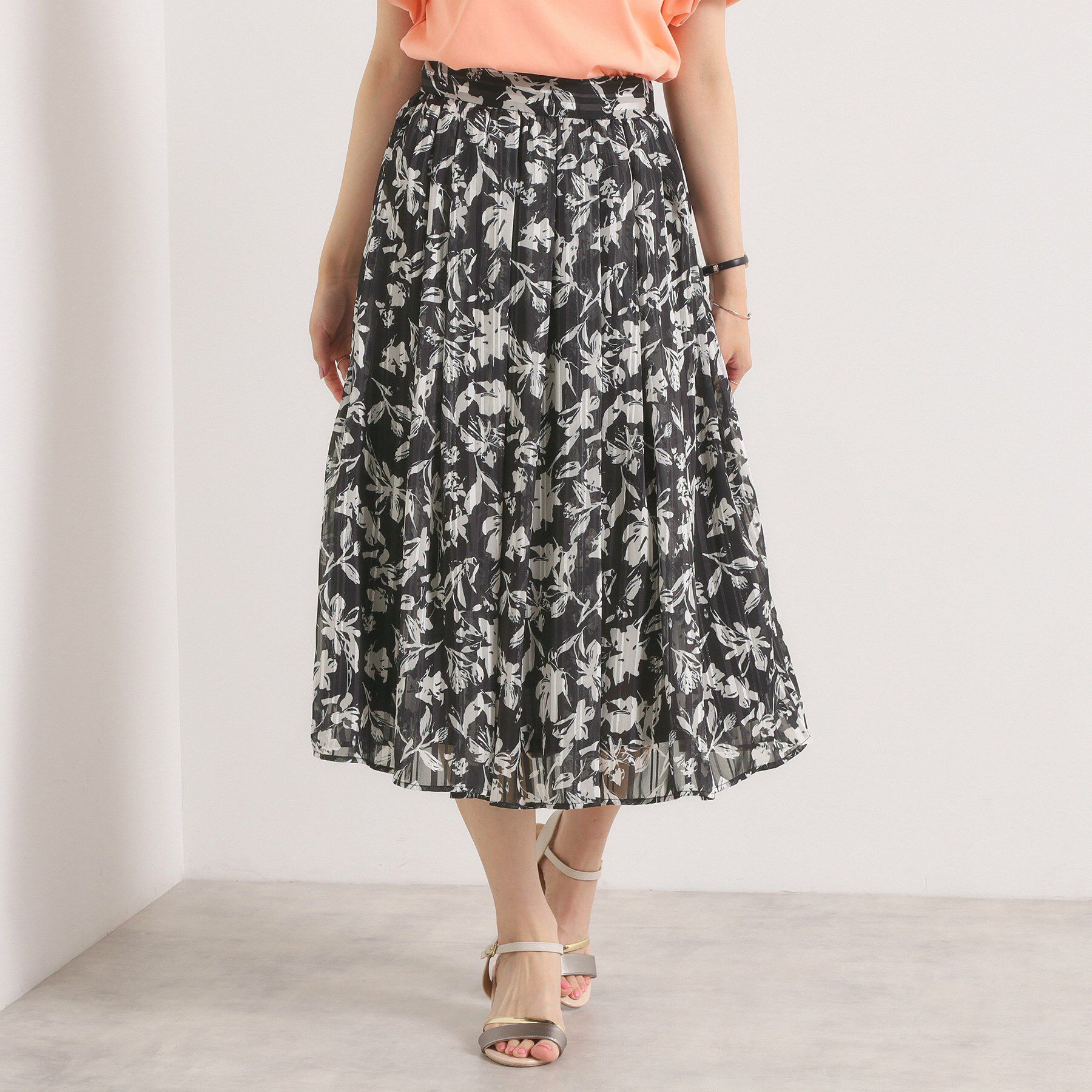 ITS&rsquo;DEMO「【手洗い可／後ろウエストゴム】ラメスト単色花柄スカート」|スカート|ブラック(119)