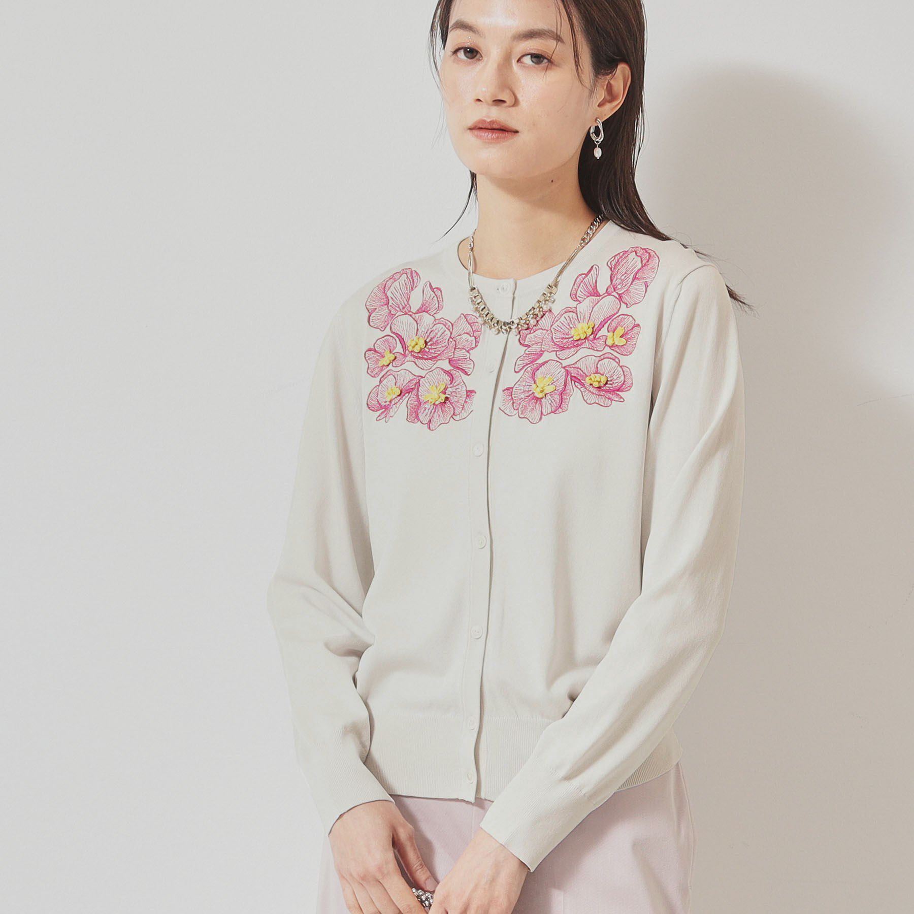 SunaUna「【SS～Lサイズ展開／リボン＆ビーズ刺繍】クラフトニットカーディガン」|カーディガン|ライトグレー(011