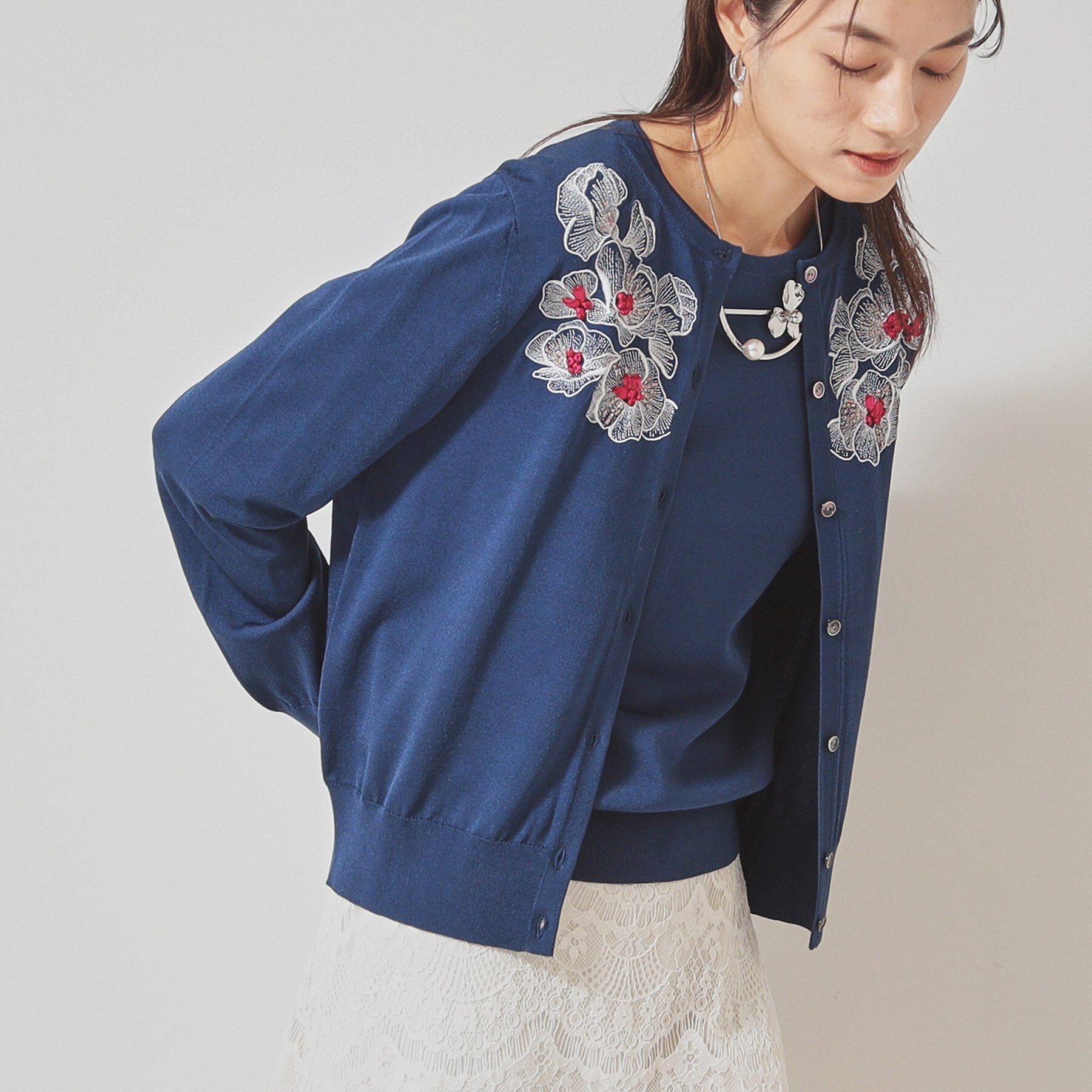 SunaUna「【SS～Lサイズ展開／リボン＆ビーズ刺繍】クラフトニットカーディガン」|カーディガン|