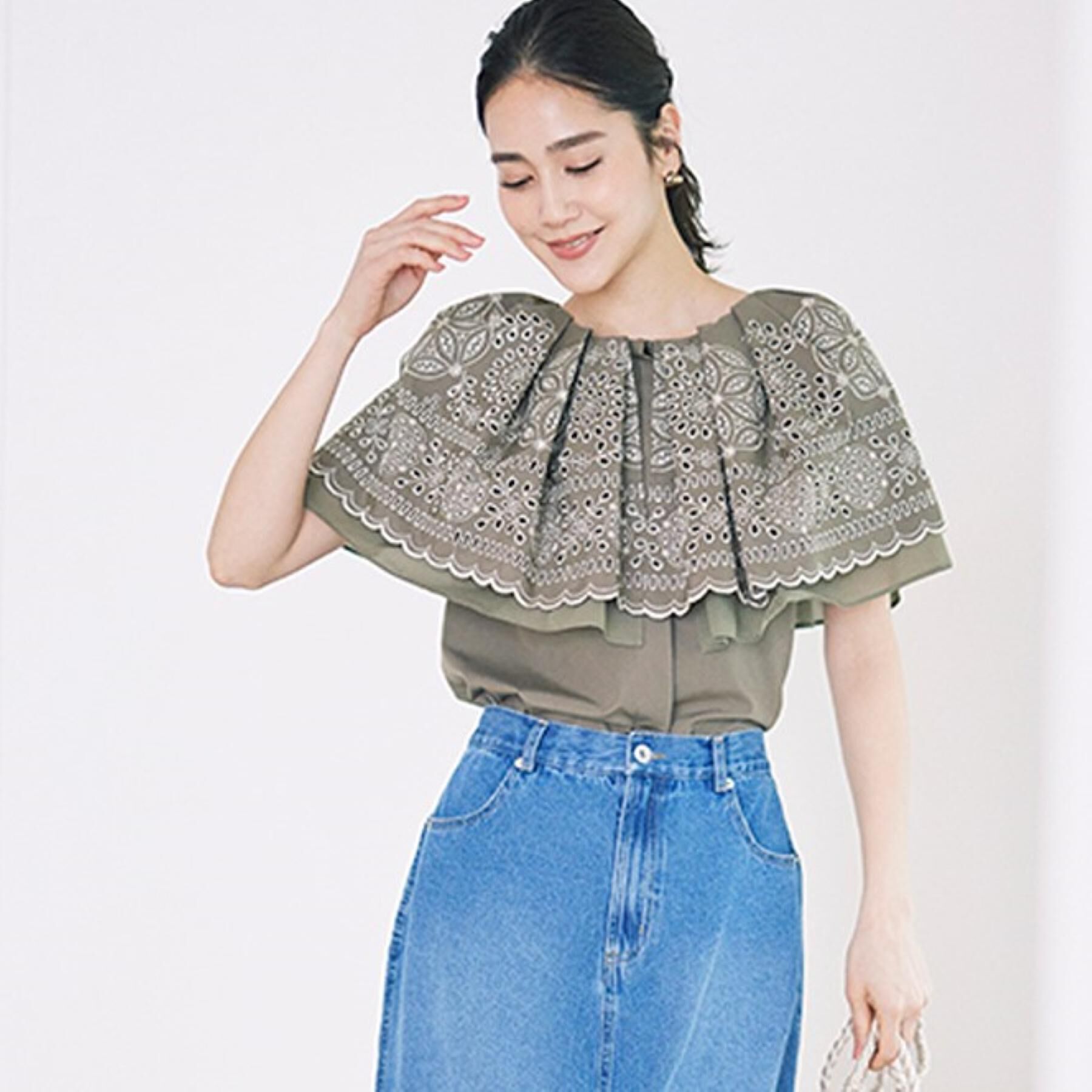 SunaUna「【幾何柄／エンブロイダリー】ケープカラーブラウス」|シャツ・ブラウス|カーキ(027)