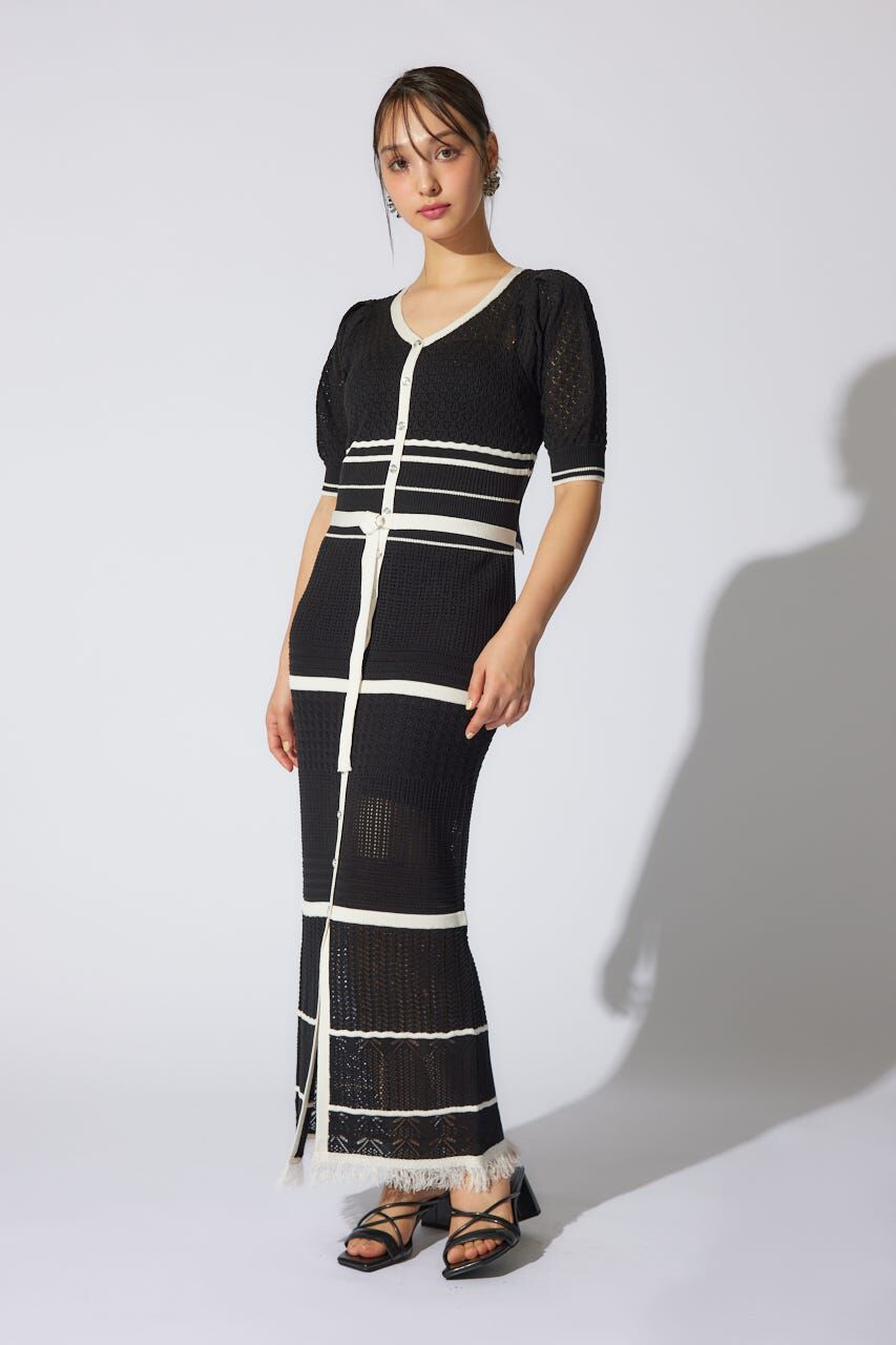 rienda「2WAYフリンジライン配色クロシェニットワンピース」|ワンピース|BLK