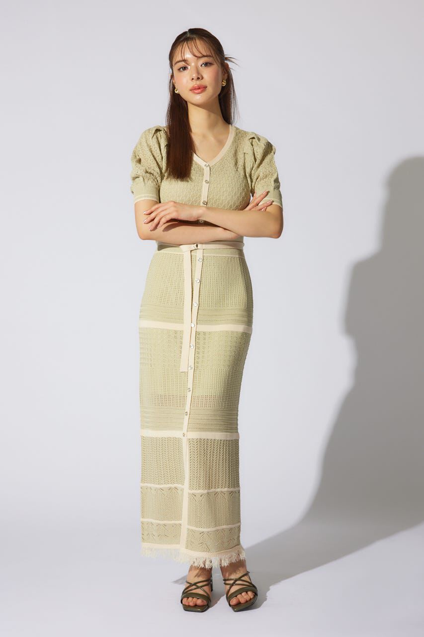 rienda「2WAYフリンジライン配色クロシェニットワンピース」|ワンピース|