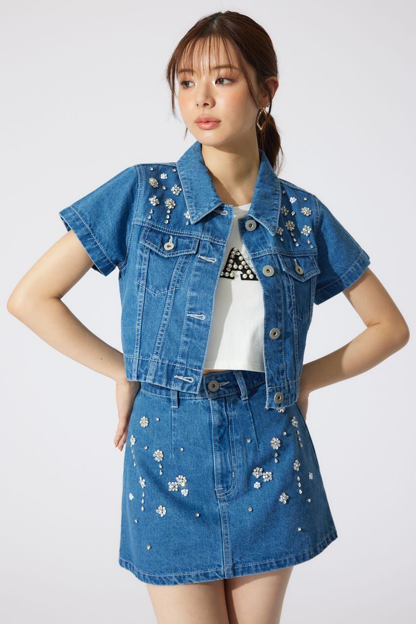 rienda「ミックスフラワービジューショートジャケット」|デニムジャケット|