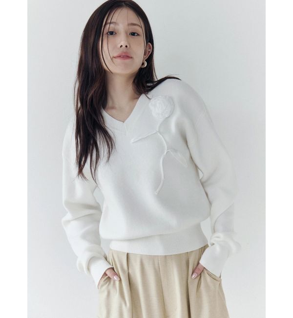CALNAMUR「オーガンコサージュVネックニット」|ニット・セーター|