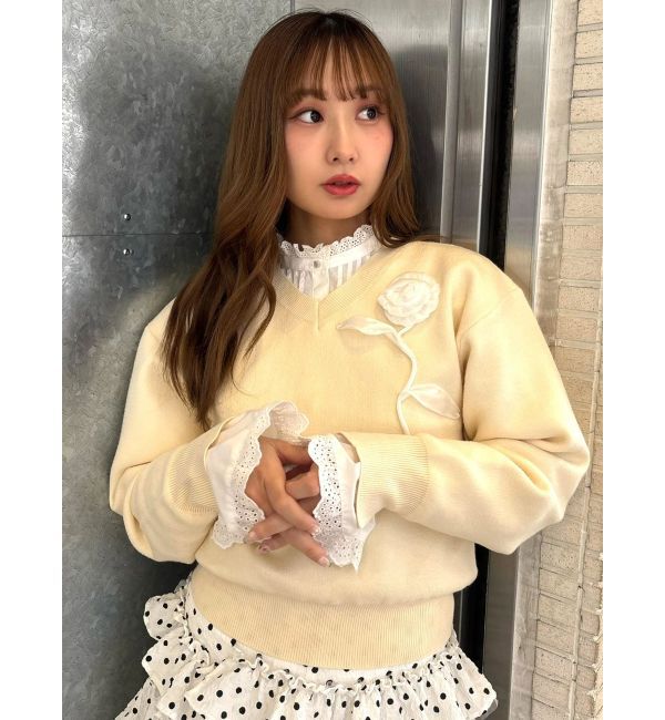 CALNAMUR「オーガンコサージュVネックニット」|ニット・セーター|