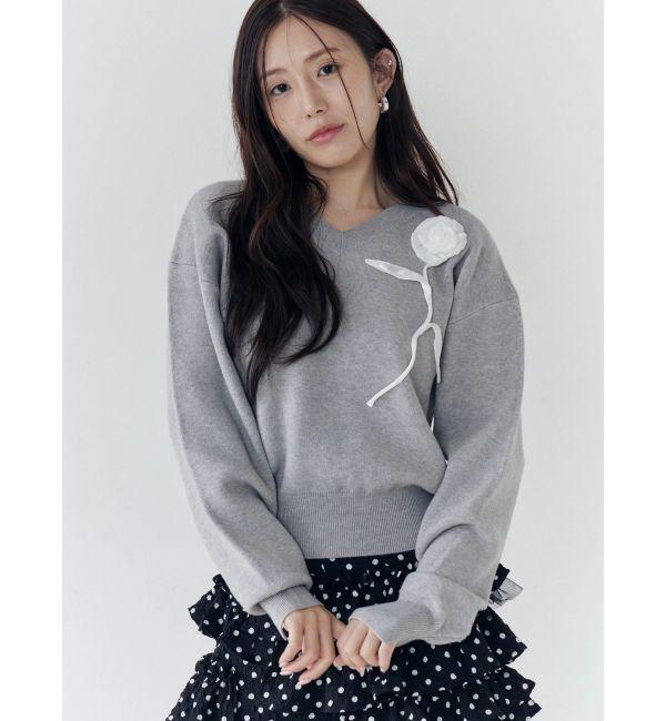 CALNAMUR「オーガンコサージュVネックニット」|ニット・セーター|