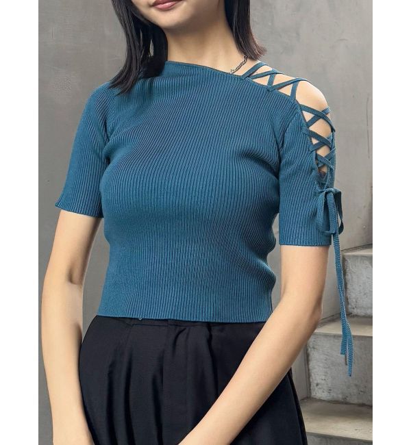 MURUA「レースアップハーフリブニット」|ニット・セーター|ブルー