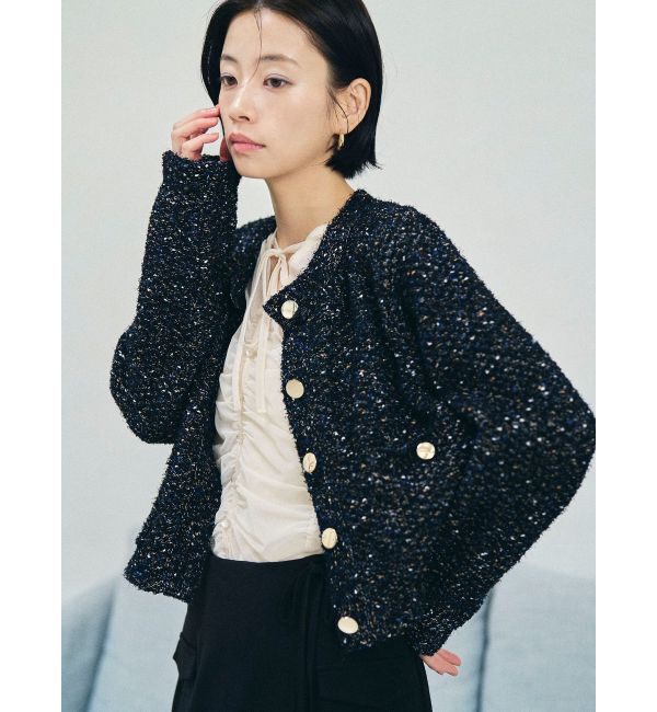 LAGUNAMOON「ミックスヤーンノーカラーニットカーディガン」|カーディガン|