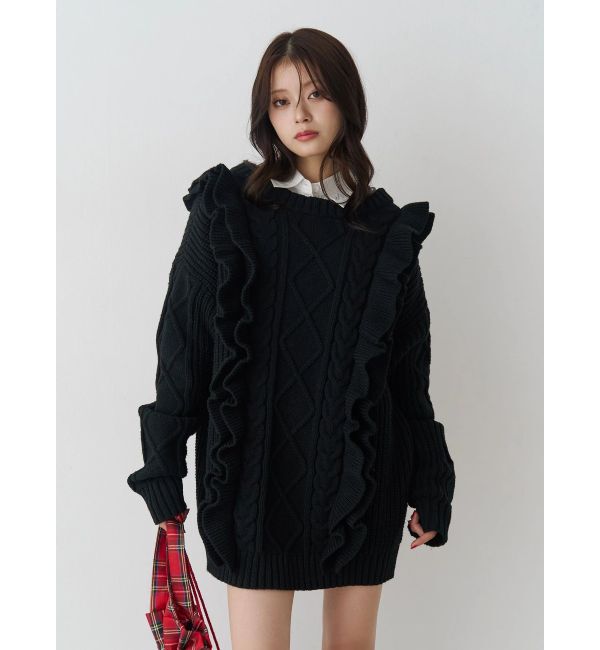 jouetie「フリルケーブルニットチュニック」|ニット・セーター|ブラック