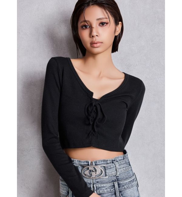 GYDA「フロントレースアップショートトップス」|Tシャツ・カットソー|ブラック