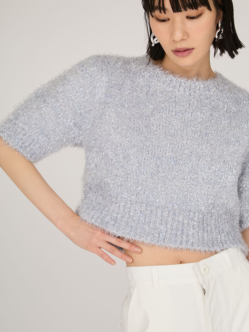 emmi atelier「ラメフェザーハーフスリーブニットトップス」|ニット・セーター|