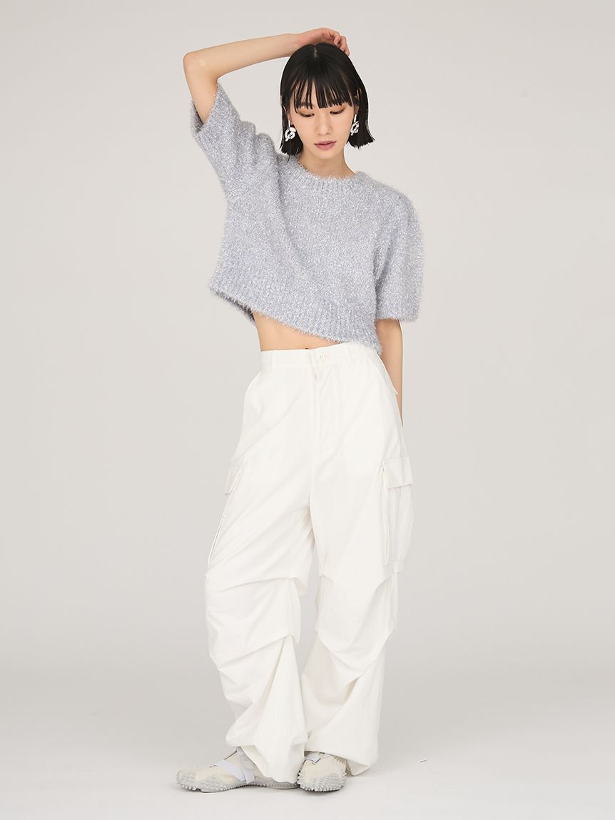 emmi atelier「ラメフェザーハーフスリーブニットトップス」|ニット・セーター|