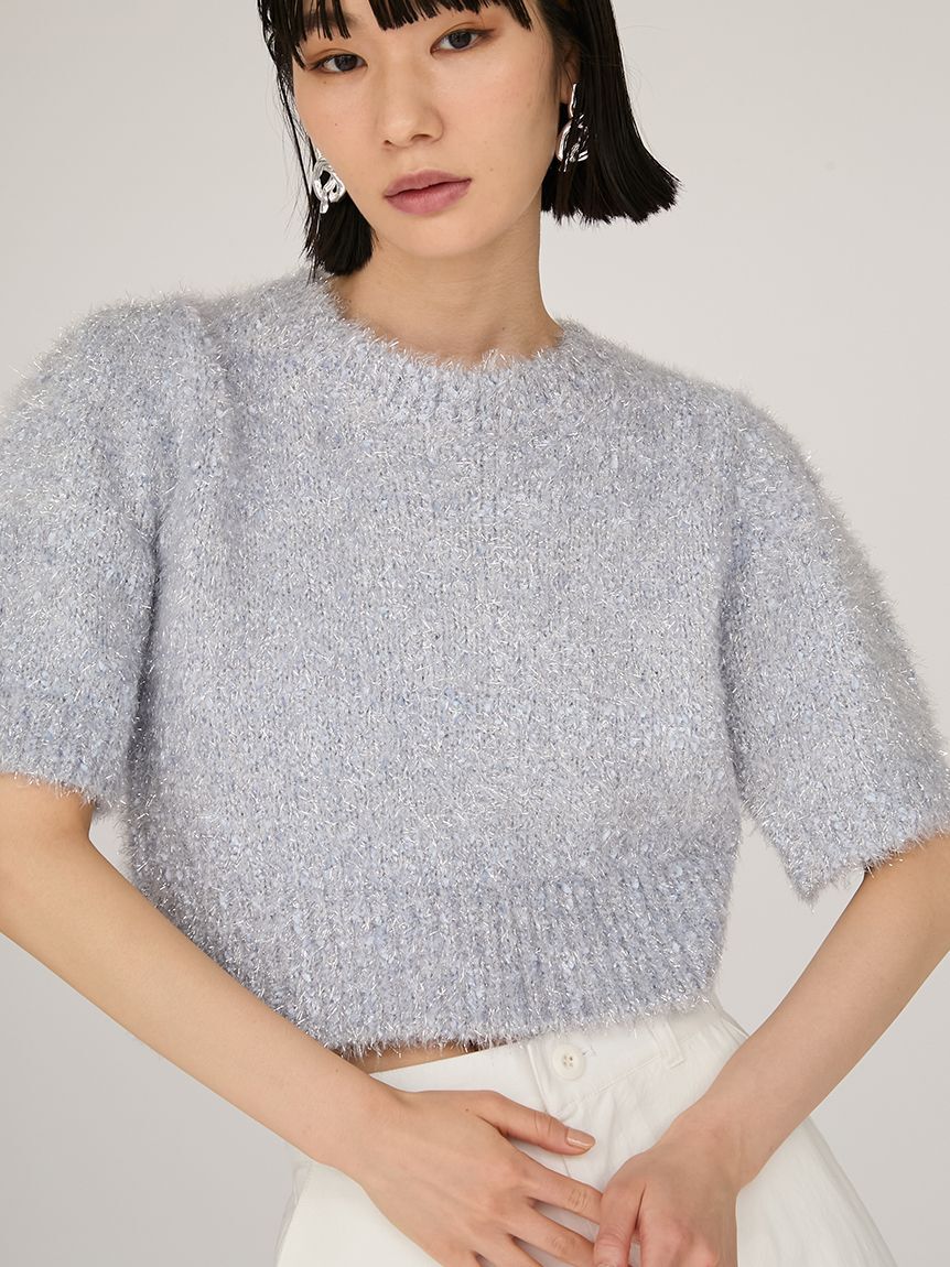 emmi atelier「ラメフェザーハーフスリーブニットトップス」|ニット・セーター|