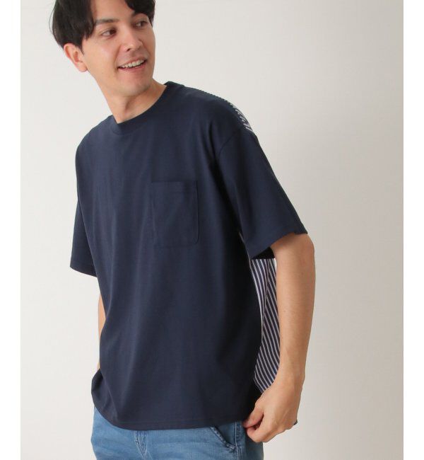 ikka「ストライプブロード切り替えTシャツ」|Tシャツ・カットソー|ネイビー