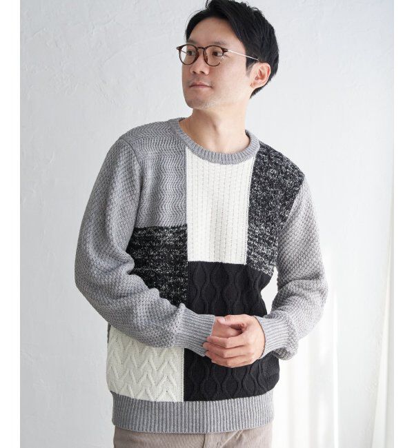 ikka「ブロックスメランジジャカードニット」|プルオーバー|グレー