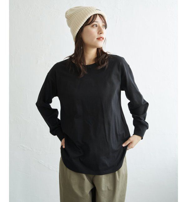 ikka「コットンUVケア裾ラウンドロンT」|Tシャツ・カットソー|ブラック