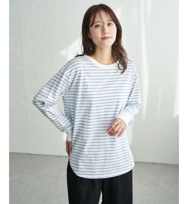 ikka「コットンUVケア裾ラウンドロンT」|Tシャツ・カットソー|サックスブルー