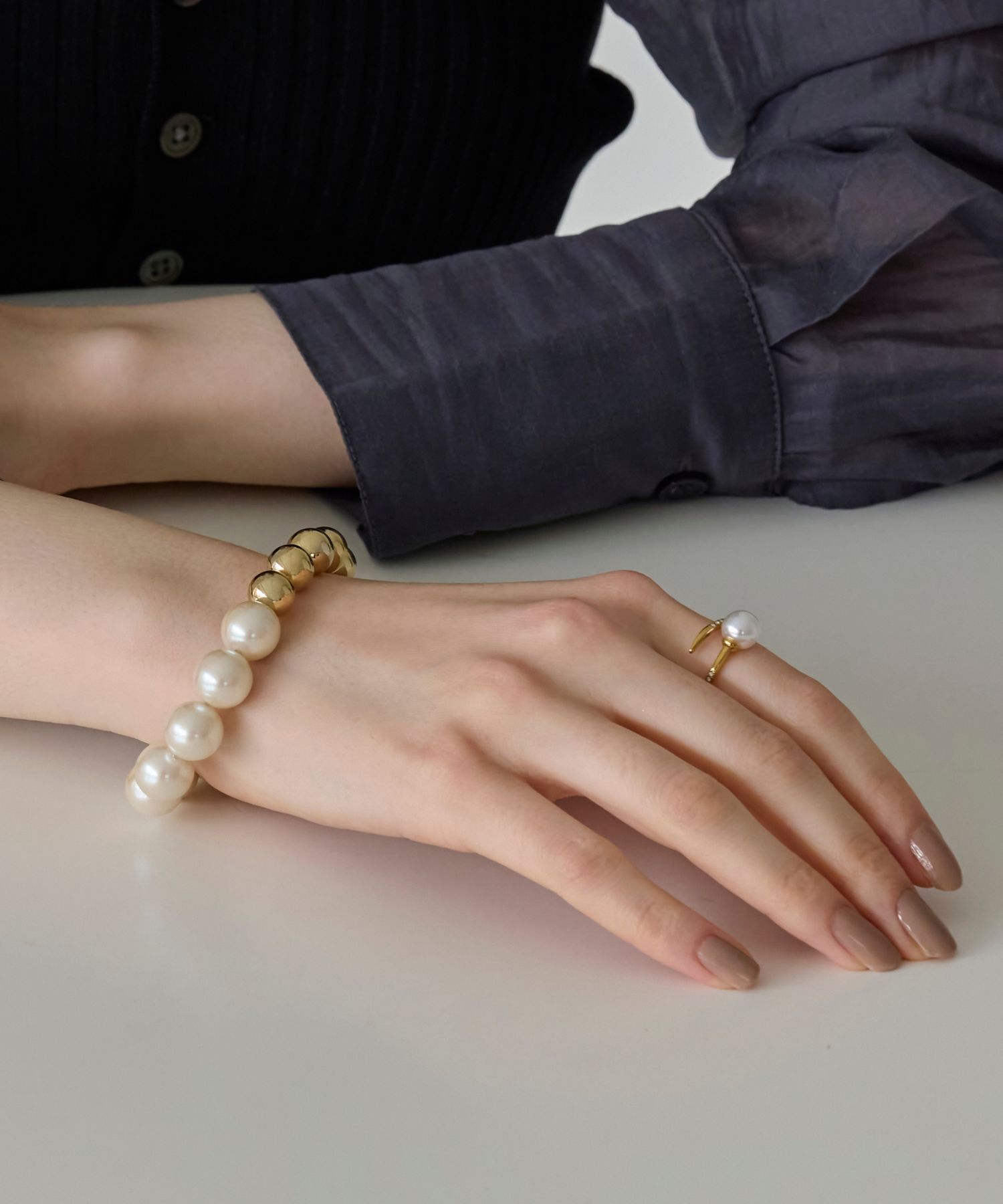 Phoebe「【金属アレルギー対応】ドローラップパールビジューリング　ゴールド」|リング|