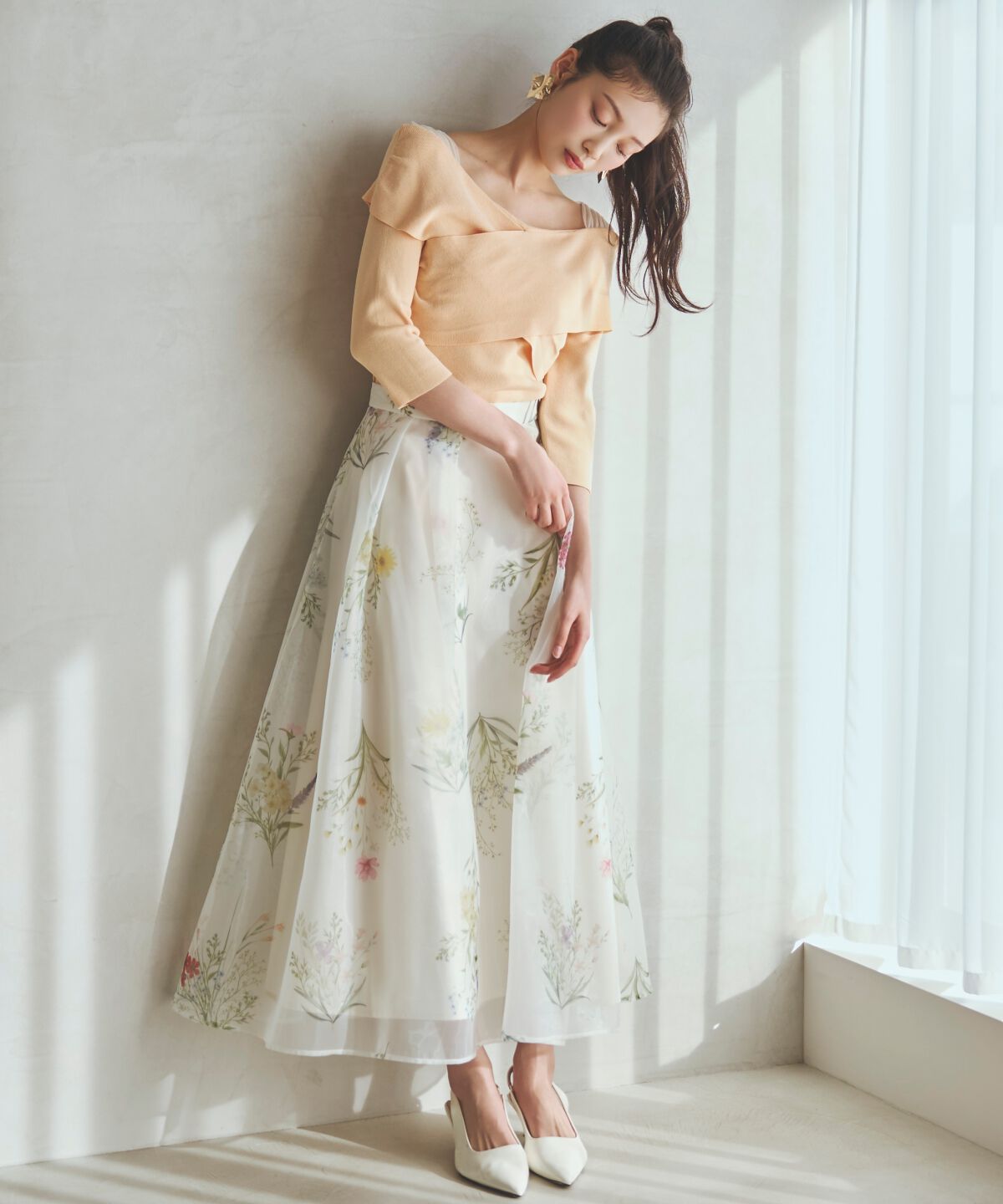アンドクチュール「フラワーオーガンジーフレアスカート」|フレア|
