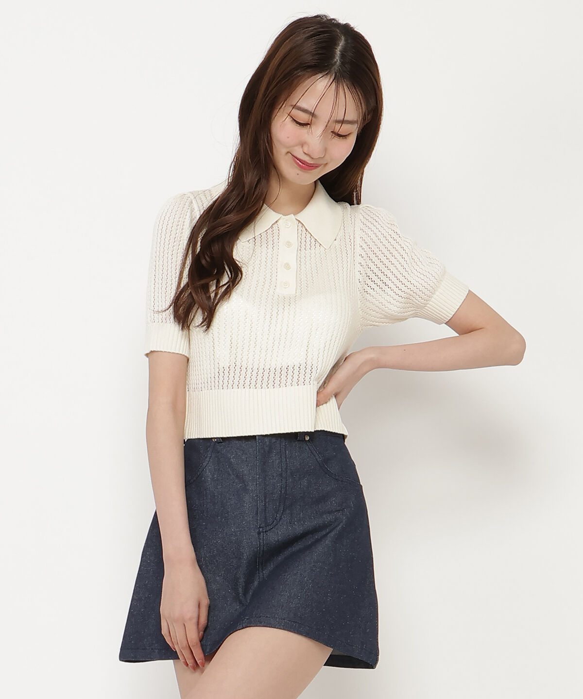 REDYAZEL「シアークロップドポロニットトップス」|ニット・セーター|ホワイト