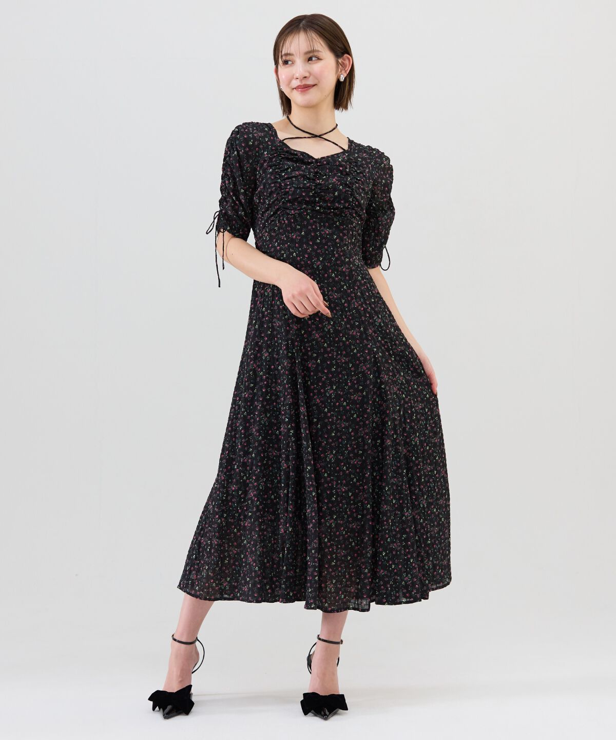 REDYAZEL「フラワープリントシャーリングワンピース」|ワンピース|ブラック