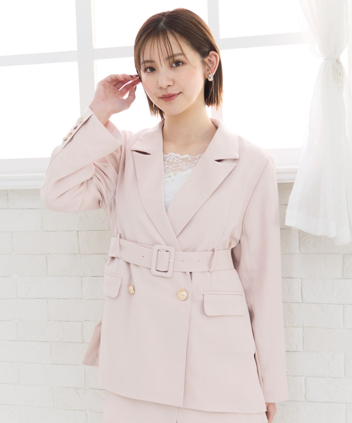 REDYAZEL「ベルテッドダブルジャケット」|テーラードジャケット|ピンク