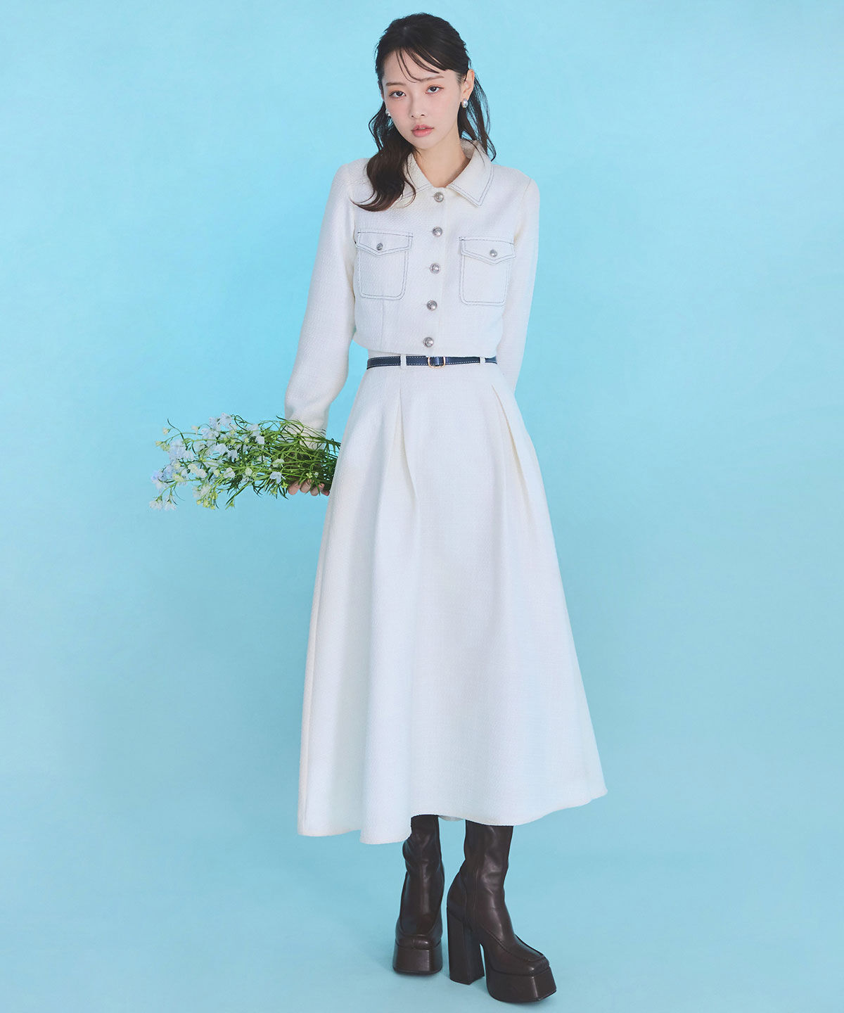 REDYAZEL「ダブルステッチツイードブラウス&times;フレアロングスカートセットアップ」|ワンピース|オフ