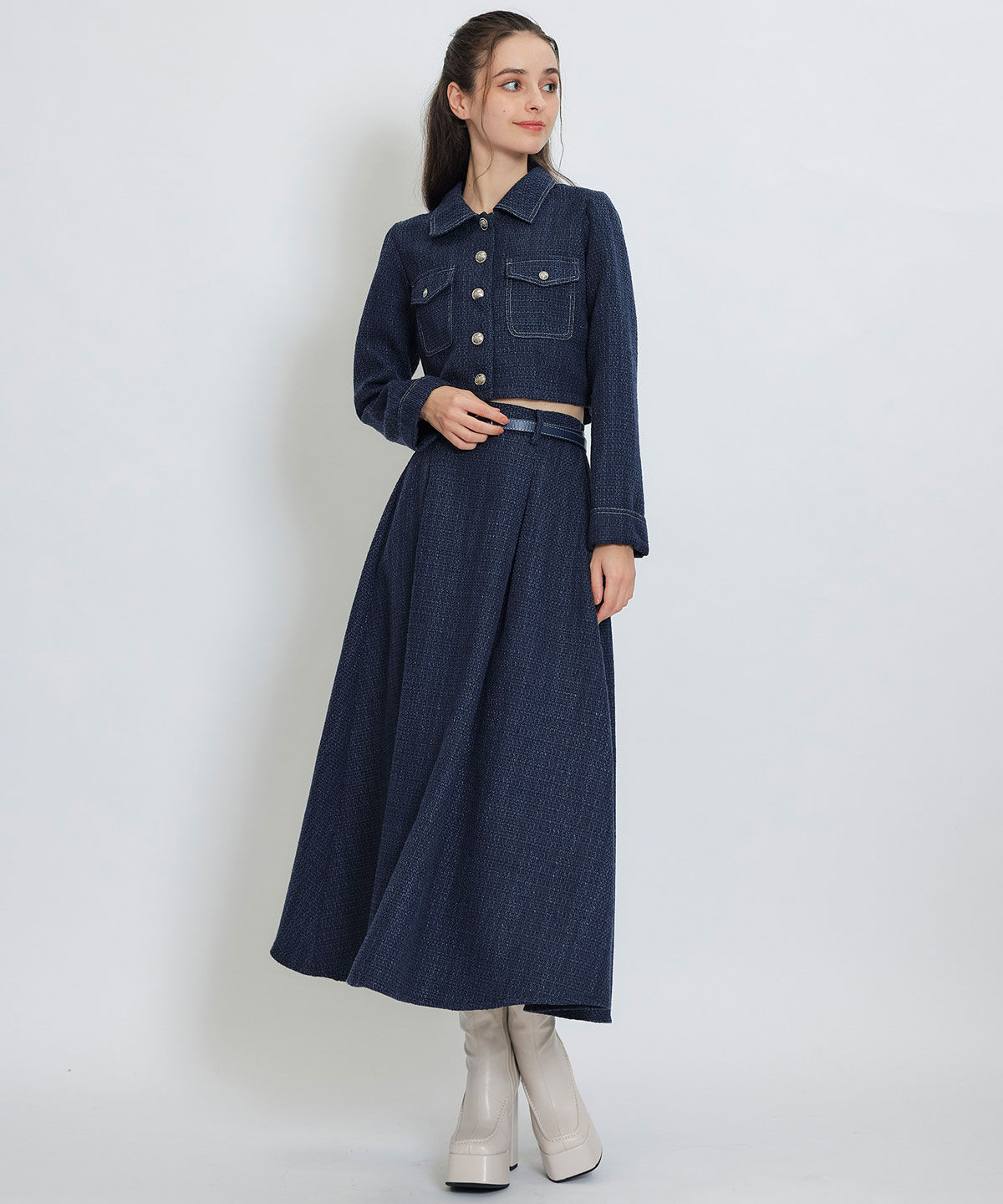 REDYAZEL「ダブルステッチツイードブラウス&times;フレアロングスカートセットアップ」|ワンピース|ネイビー