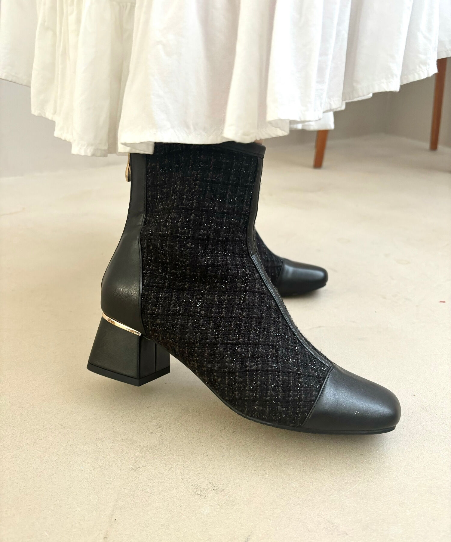 ORiental TRaffic「ツイード 切替 スクエアトゥ ブーツ /41404 ヒール5ｃｍ」|ショートブーツ|